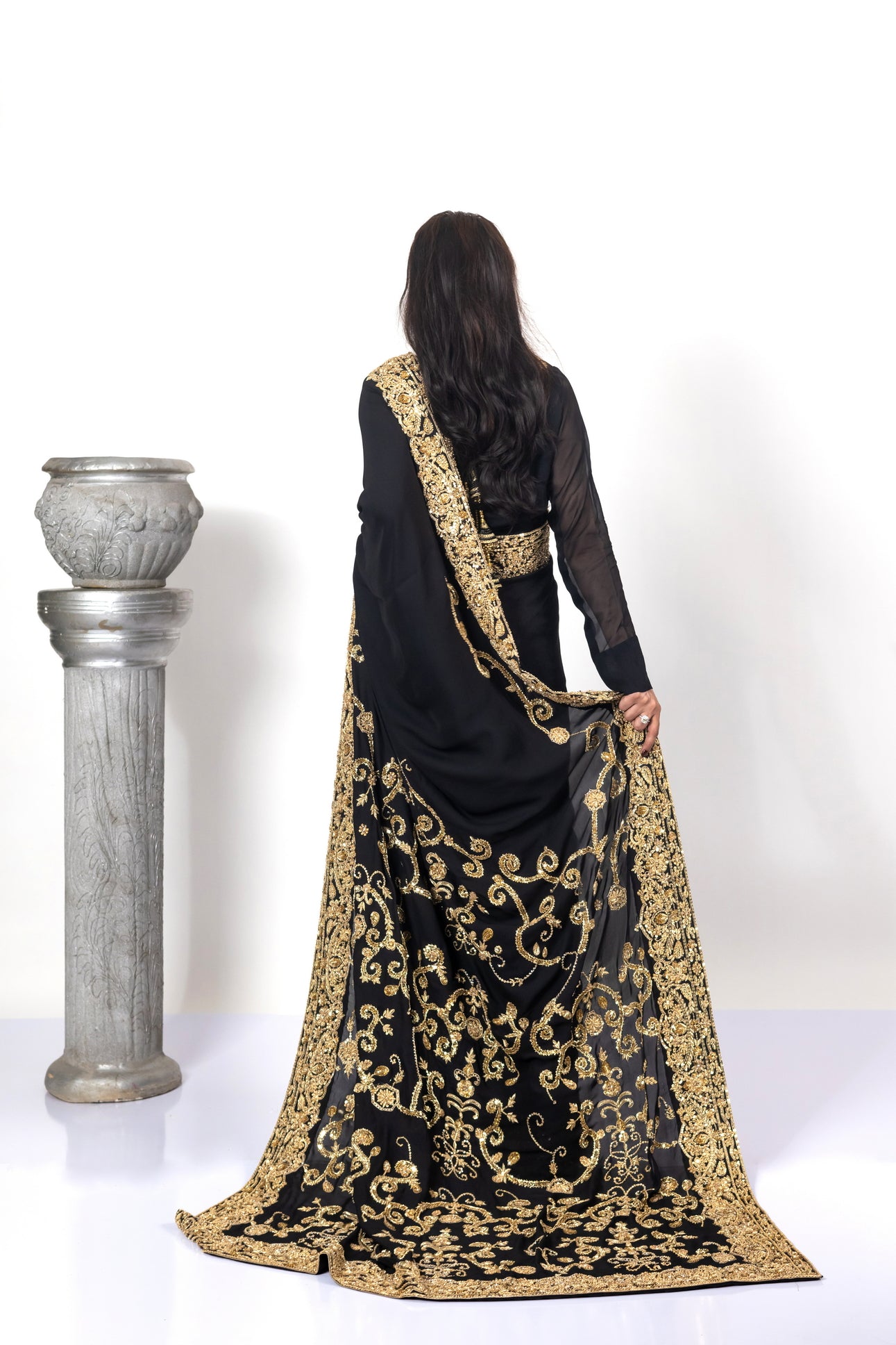 Sofi Black Saree with Gold Handwork by MariamRaj for Bridal Events