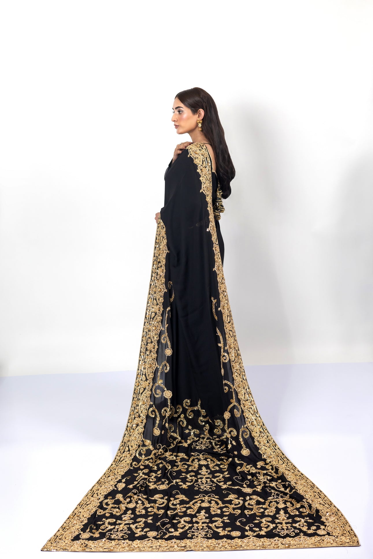Sofi Black Saree with Gold Handwork by MariamRaj for Bridal Events