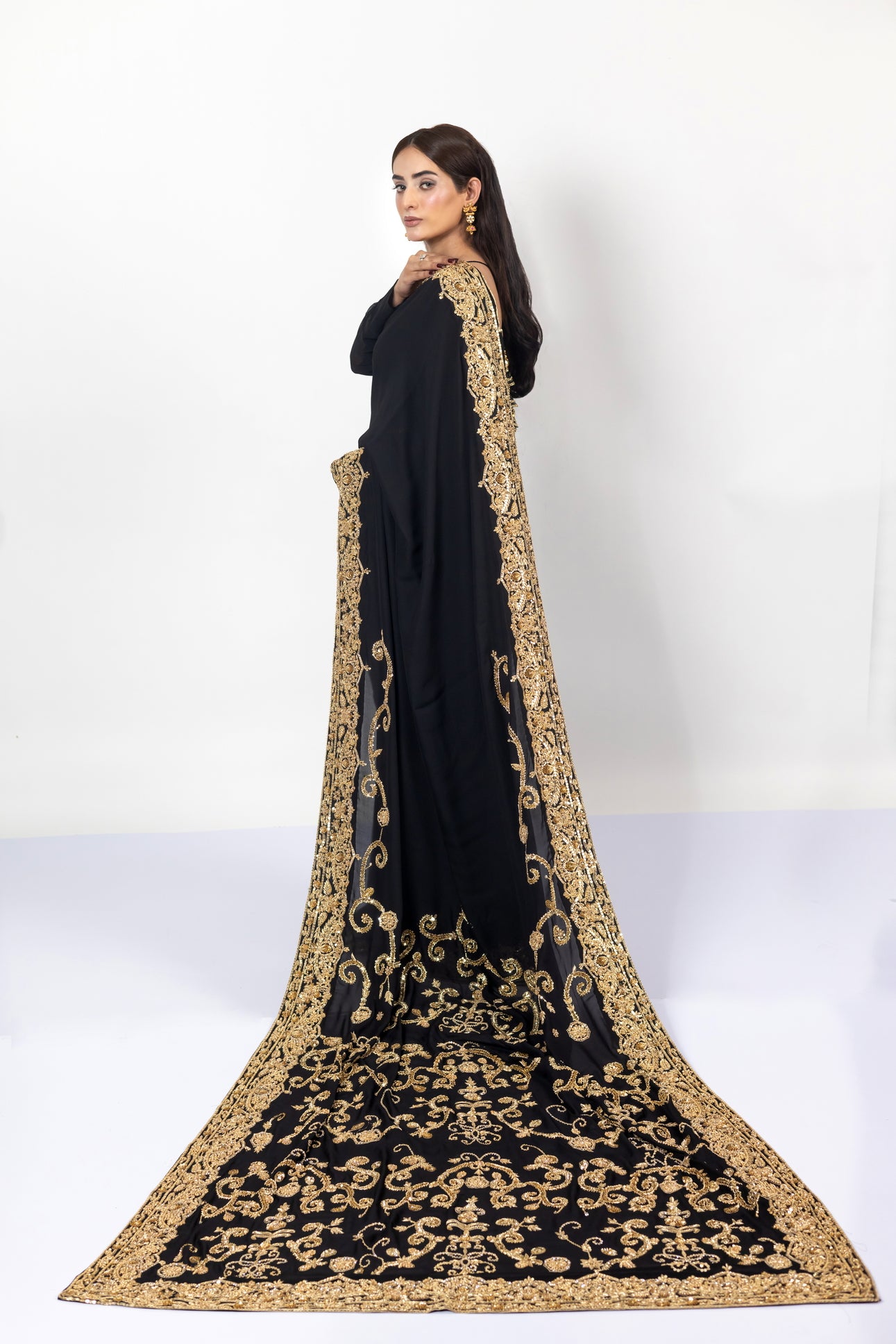 Sofi Black Saree with Gold Handwork by MariamRaj for Bridal Events
