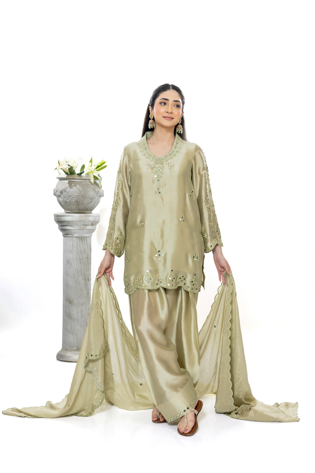 Sonakshi olive green Sheesha silk farshi shalwar kameez with medium silk dupatta by MariamRaj