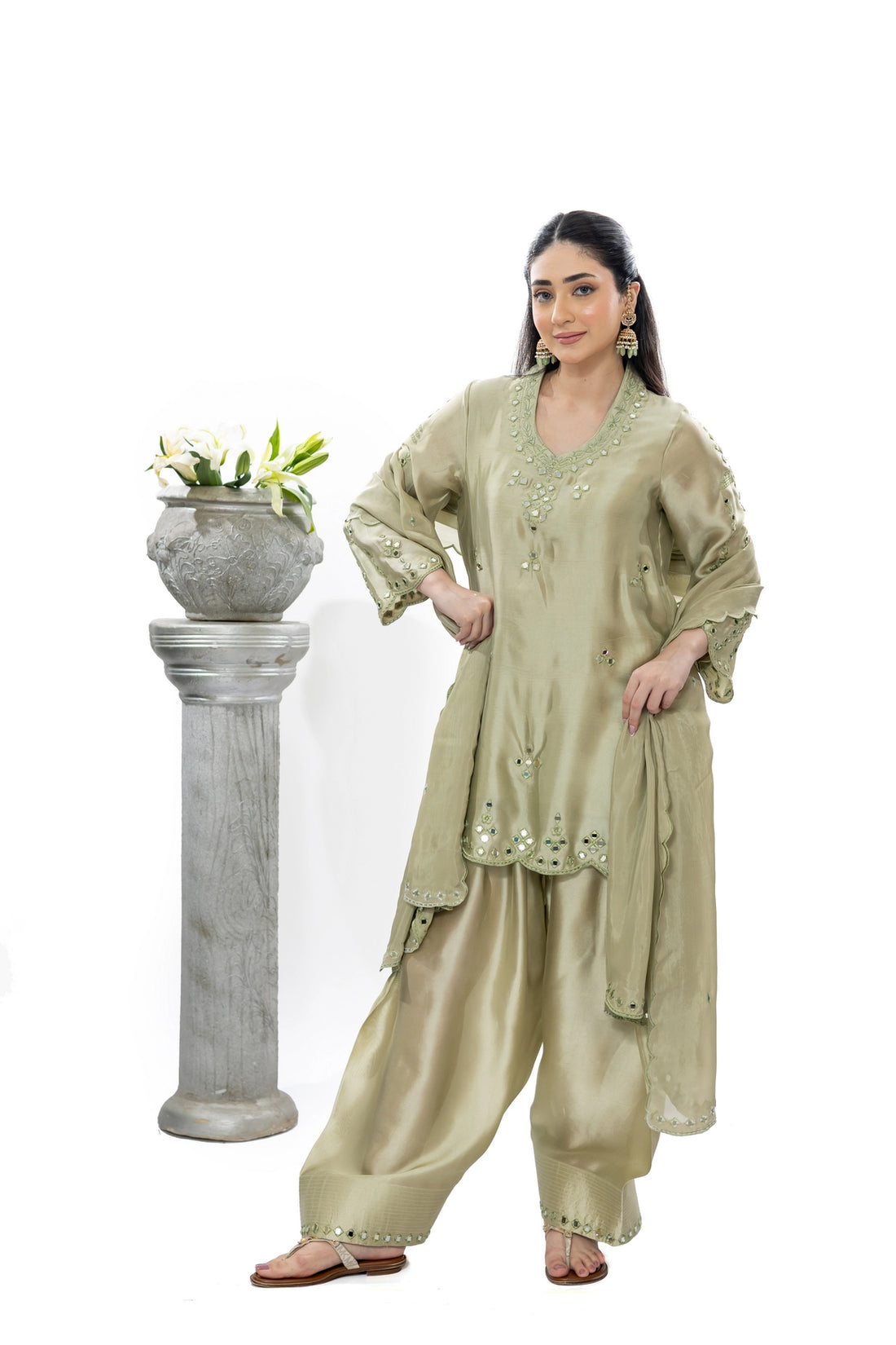 Sonakshi olive green Sheesha silk farshi shalwar kameez with medium silk dupatta by MariamRaj