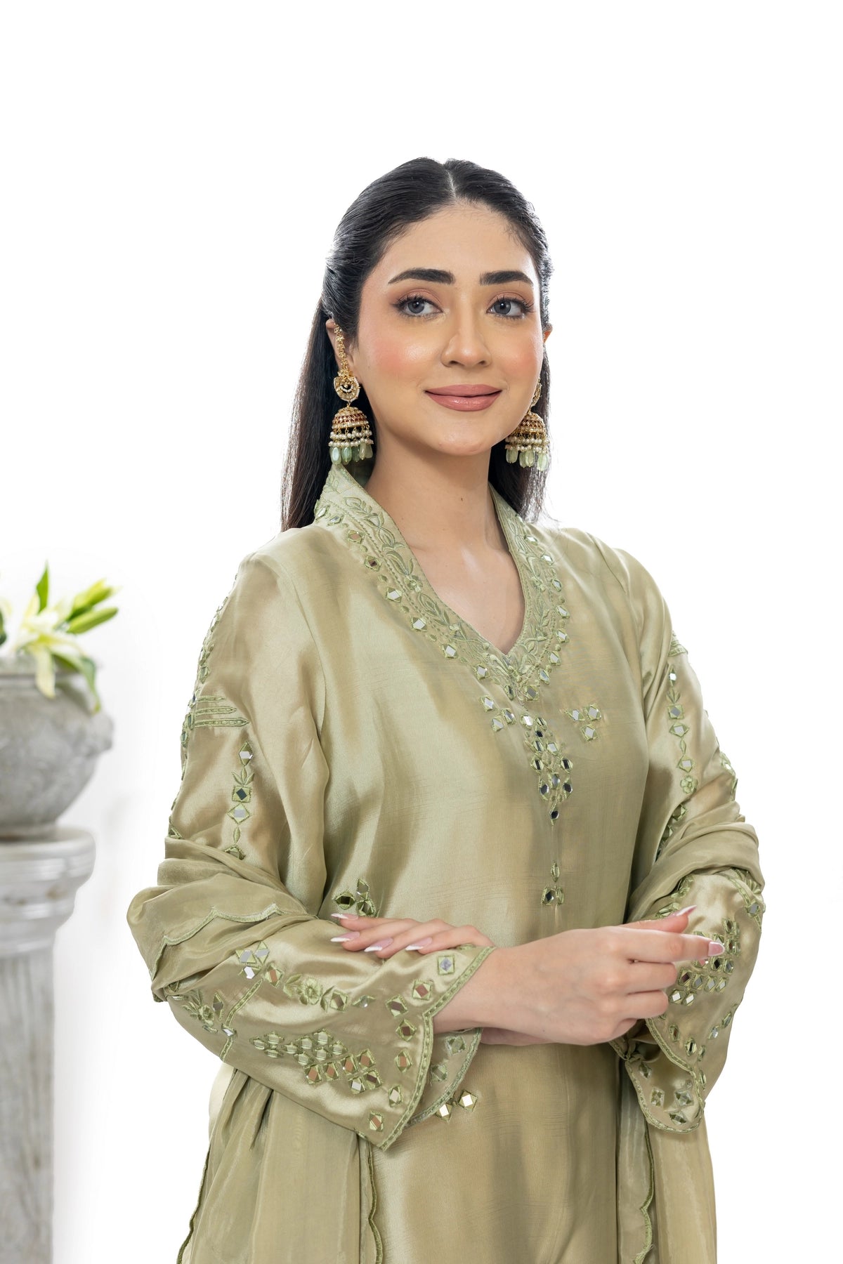 Sonakshi olive green Sheesha silk farshi shalwar kameez with medium silk dupatta by MariamRaj