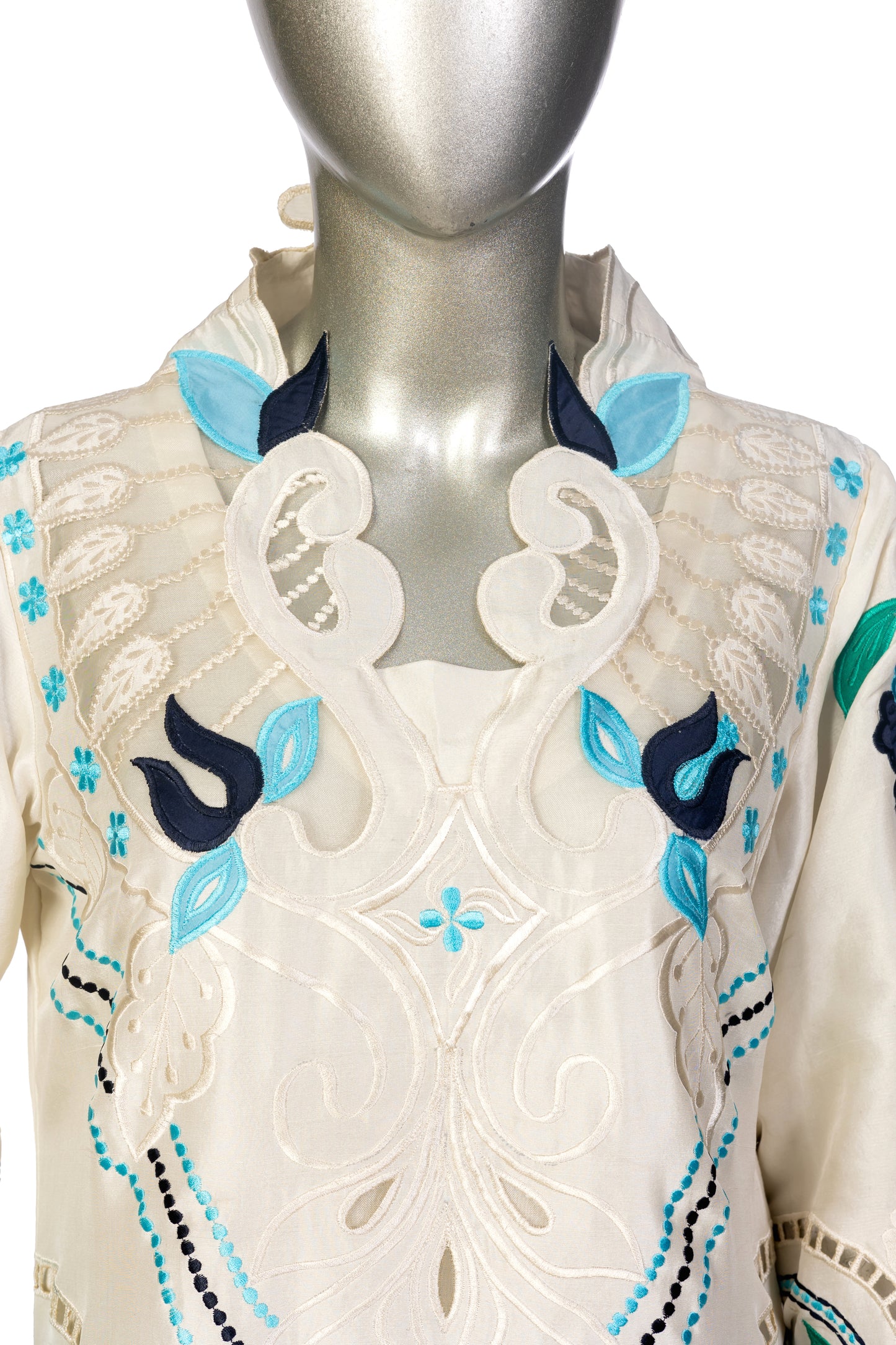 Soriel off-white Korean silk dress with hand-applique embroidery, organza dupatta, and silk bell-bottom pants for casual parties, dinner events, and evening gatherings by MariamRaj