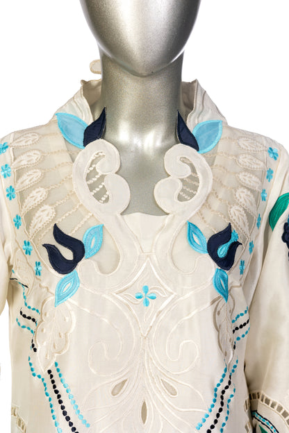 Soriel off-white Korean silk dress with hand-applique embroidery, organza dupatta, and silk bell-bottom pants for casual parties, dinner events, and evening gatherings by MariamRaj