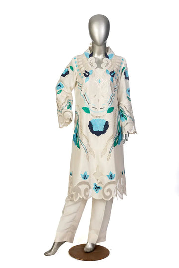 Soriel – Off-White Silk Dress with Handwork Appliqué for Party Wear