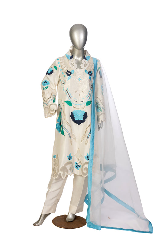 Soriel off-white Korean silk dress with hand-applique embroidery, organza dupatta, and silk bell-bottom pants for casual parties, dinner events, and evening gatherings by MariamRaj