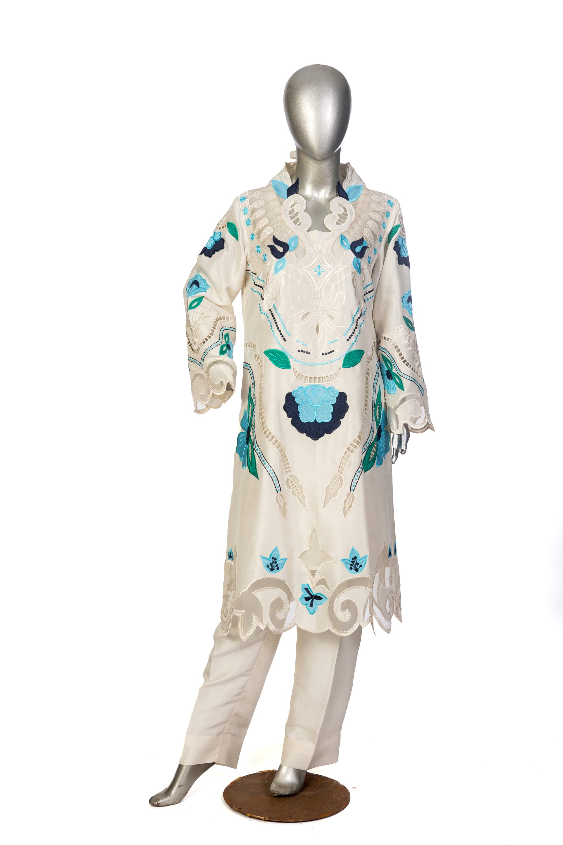 Soriel off-white Korean silk dress with hand-applique embroidery, organza dupatta, and silk bell-bottom pants for casual parties, dinner events, and evening gatherings by MariamRaj