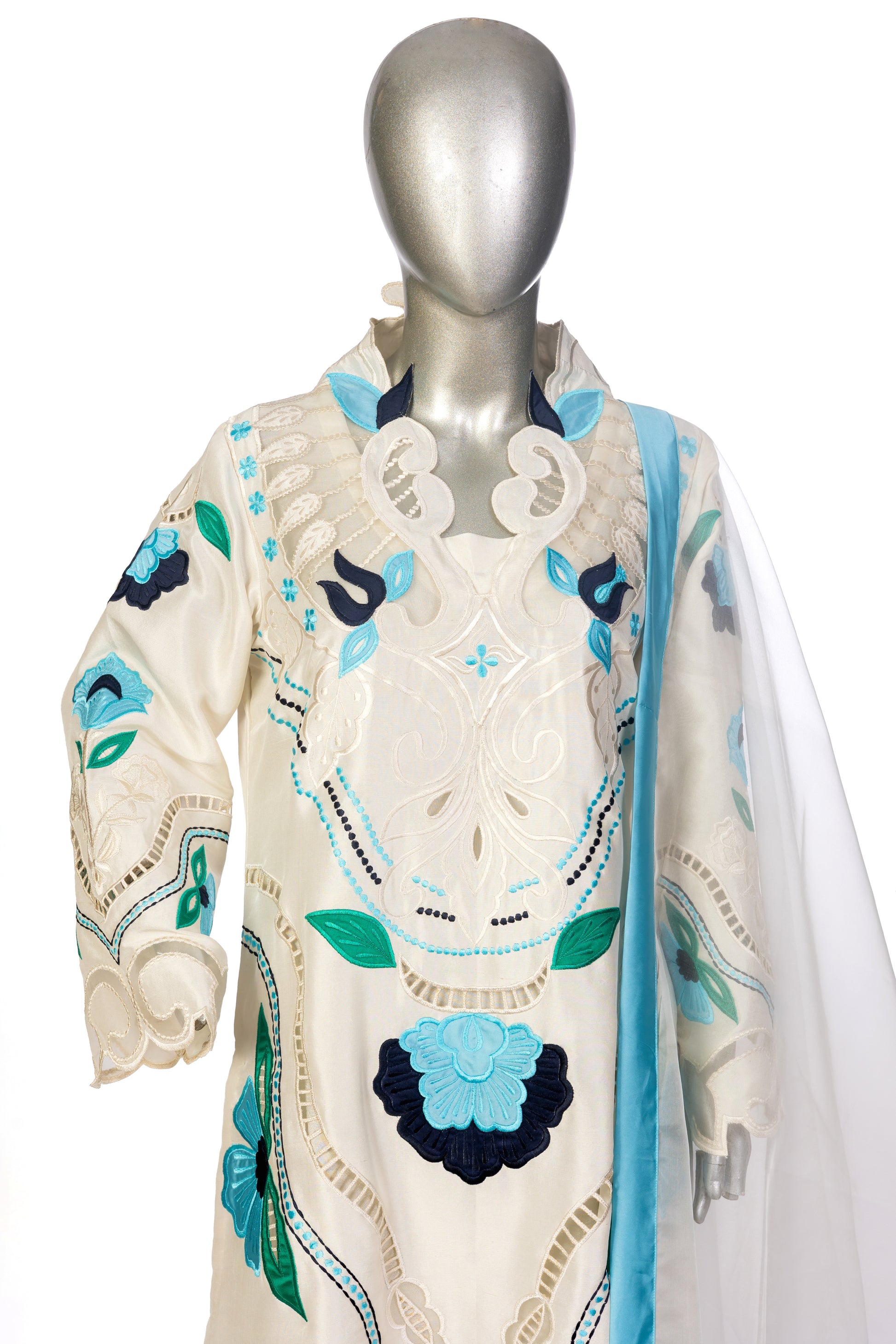 Soriel off-white Korean silk dress with hand-applique embroidery, organza dupatta, and silk bell-bottom pants for casual parties, dinner events, and evening gatherings by MariamRaj