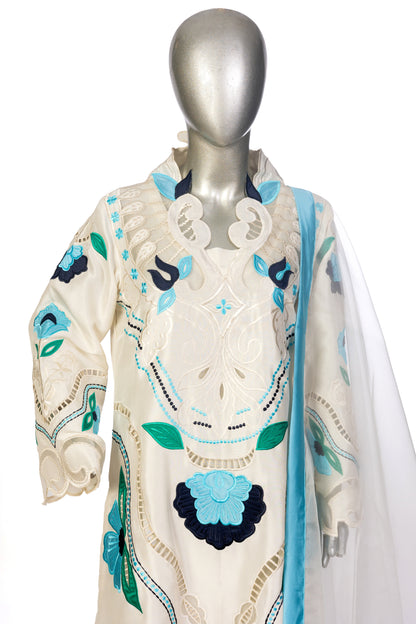 Soriel off-white Korean silk dress with hand-applique embroidery, organza dupatta, and silk bell-bottom pants for casual parties, dinner events, and evening gatherings by MariamRaj