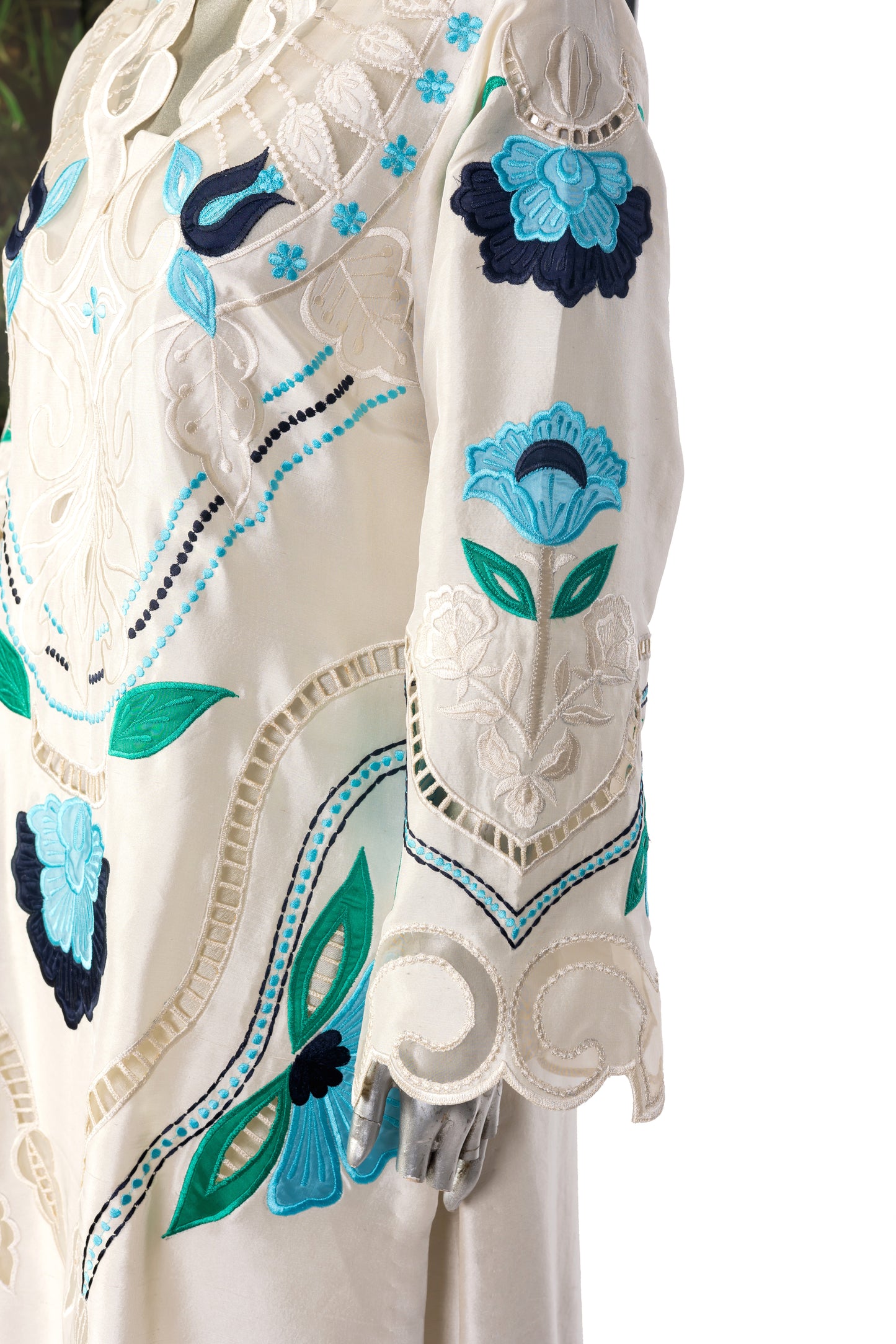 Soriel off-white Korean silk dress with hand-applique embroidery, organza dupatta, and silk bell-bottom pants for casual parties, dinner events, and evening gatherings by MariamRaj