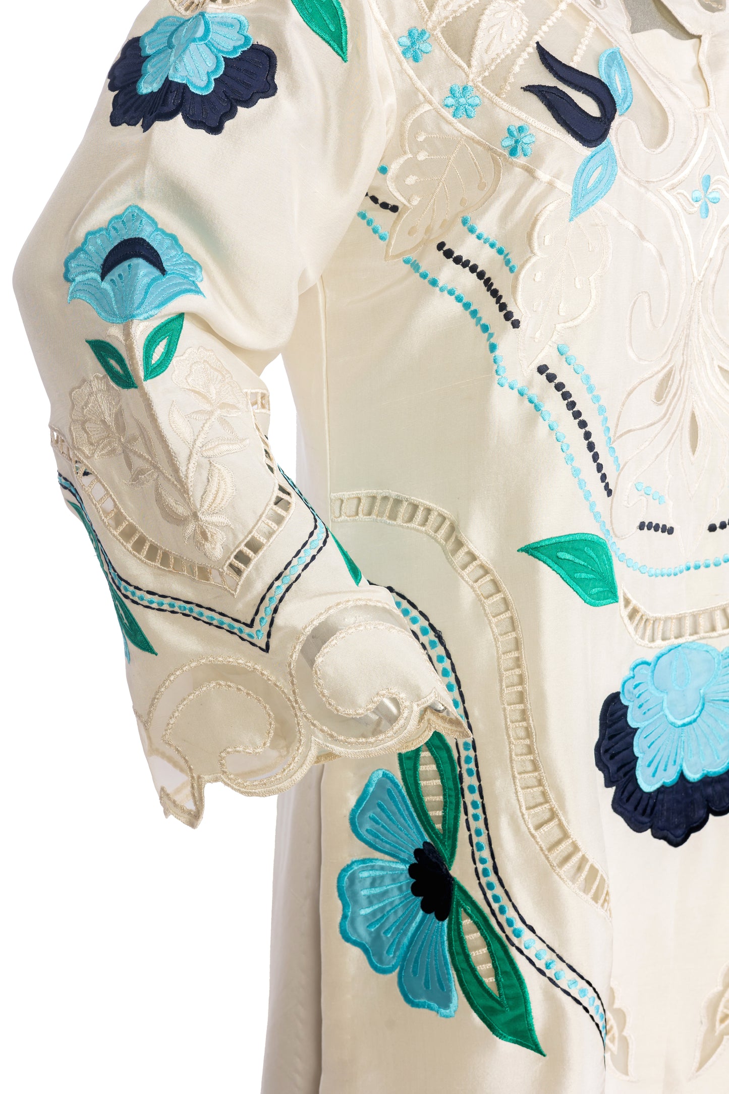 Soriel off-white Korean silk dress with hand-applique embroidery, organza dupatta, and silk bell-bottom pants for casual parties, dinner events, and evening gatherings by MariamRaj