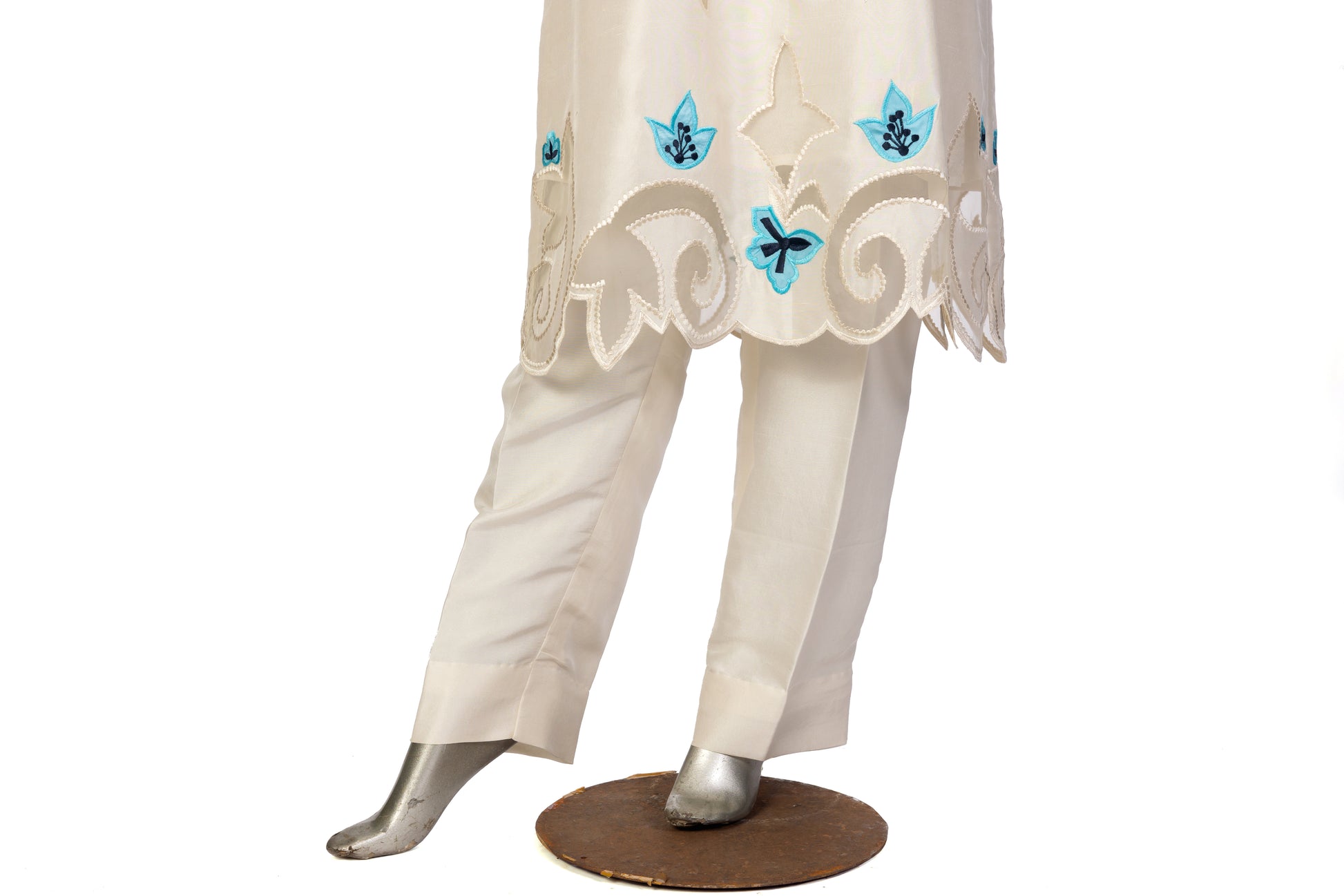 Soriel off-white Korean silk dress with hand-applique embroidery, organza dupatta, and silk  pants for casual parties, dinner events, and evening gatherings by MariamRaj