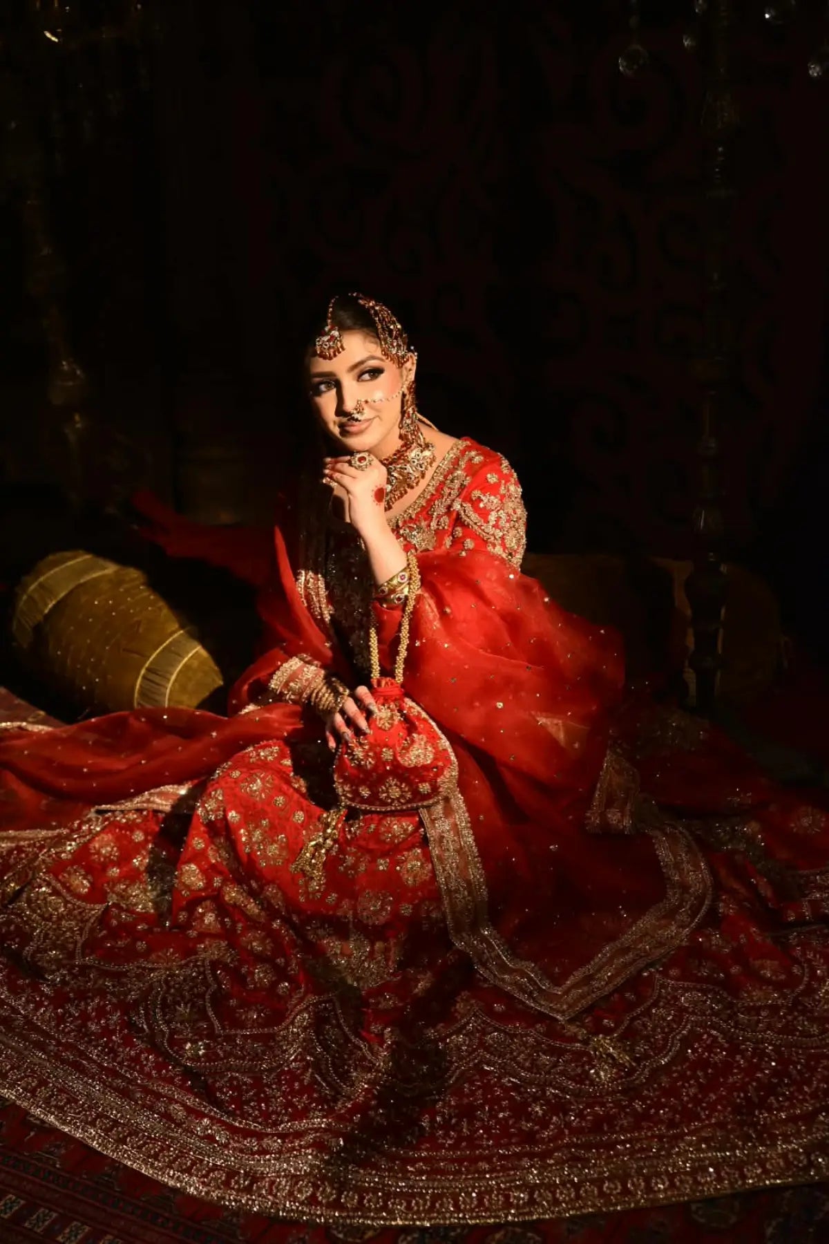 Sorrel by MariamRaj crimson hand embellished pure Khimkhab Pakistani bridal lehenga with net organza dupatta