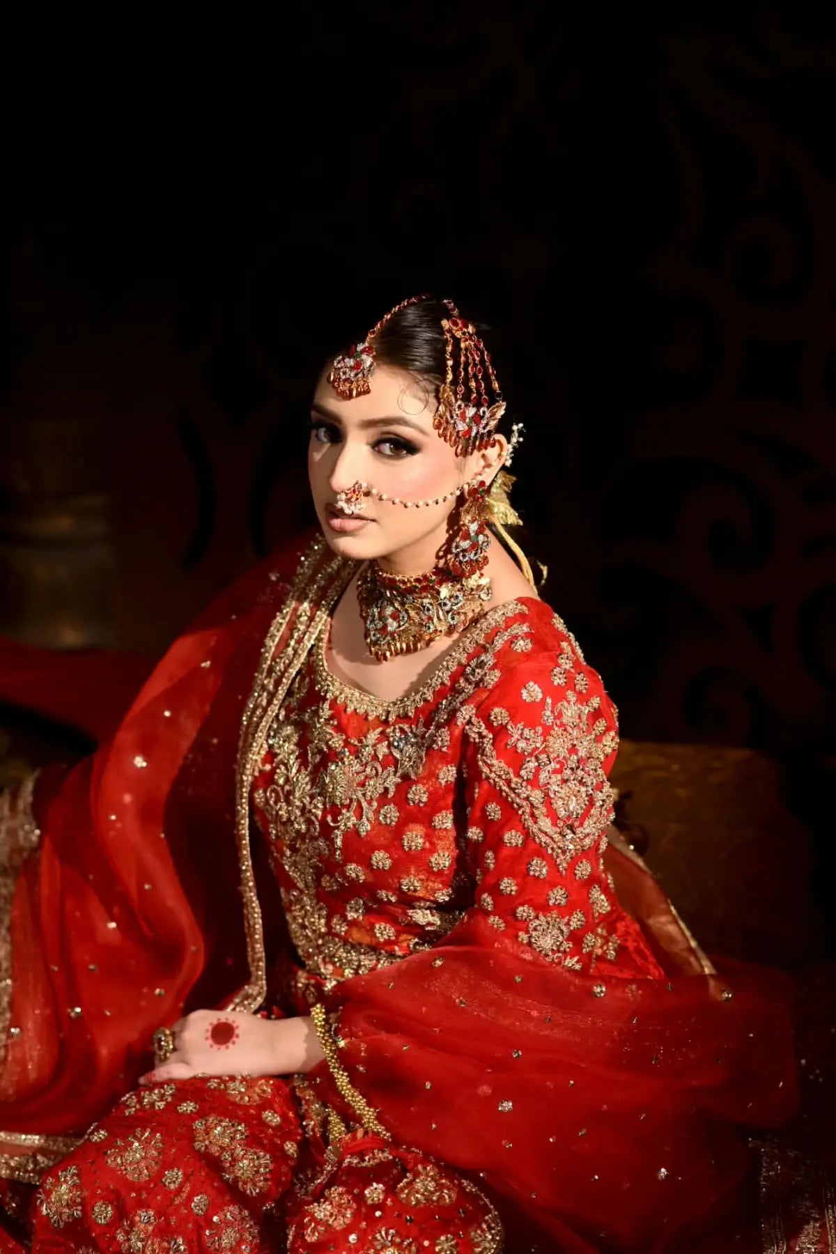 Sorrel by MariamRaj crimson hand embellished pure Khimkhab Pakistani bridal lehenga with net organza dupatta