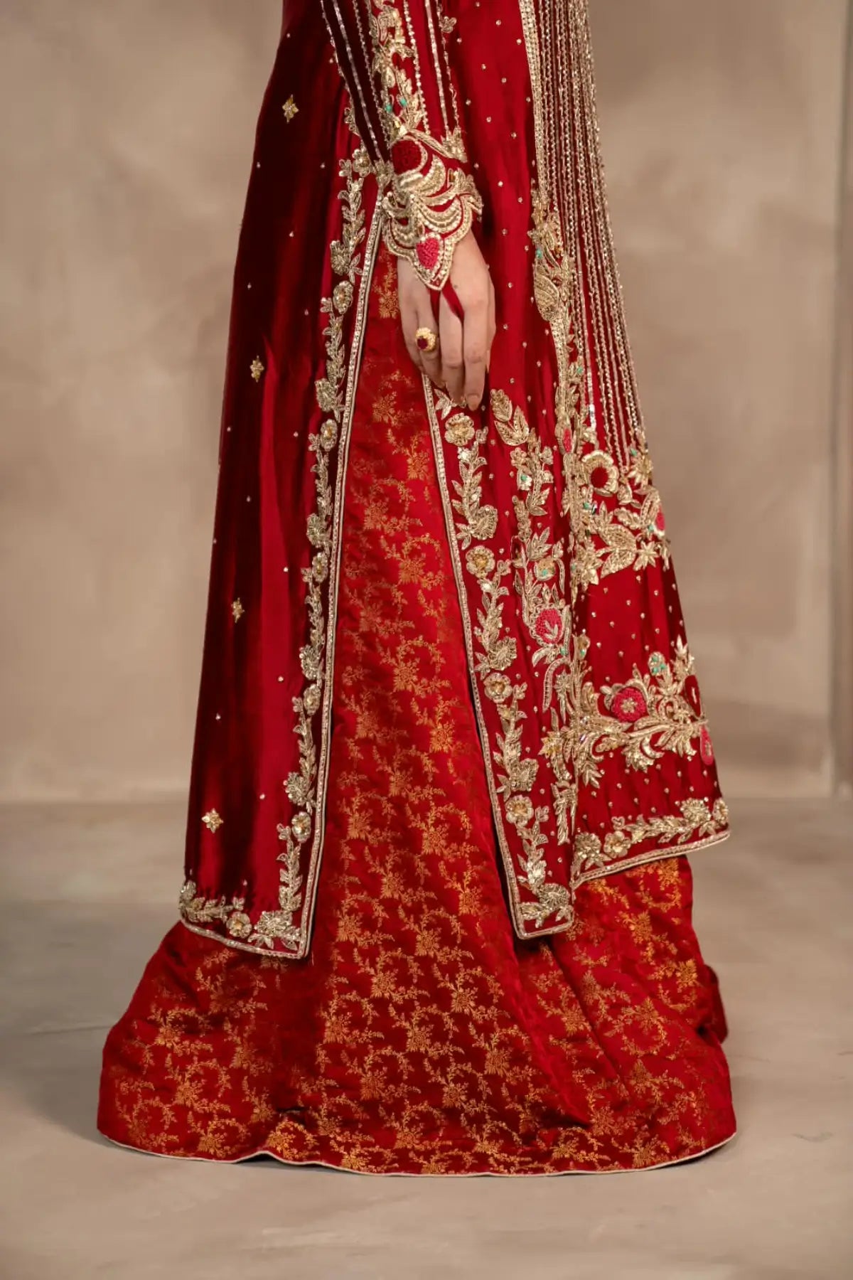 Surkhroo deep red hand embellished Sheesha silk formal suit with Jamawar palazzo and organza dupatta by MariamRaj