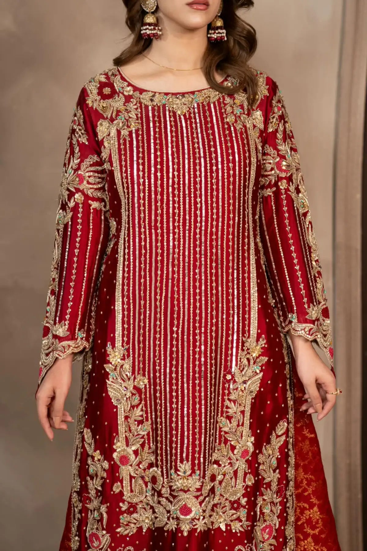 Surkhroo deep red hand embellished Sheesha silk formal suit with Jamawar palazzo and organza dupatta by MariamRaj