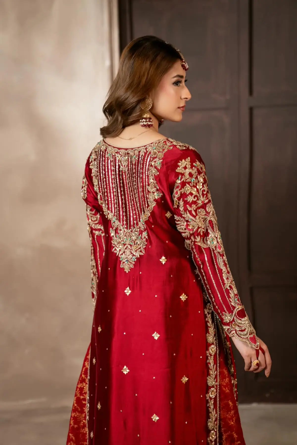 Surkhroo deep red hand embellished Sheesha silk formal suit with Jamawar palazzo and organza dupatta by MariamRaj