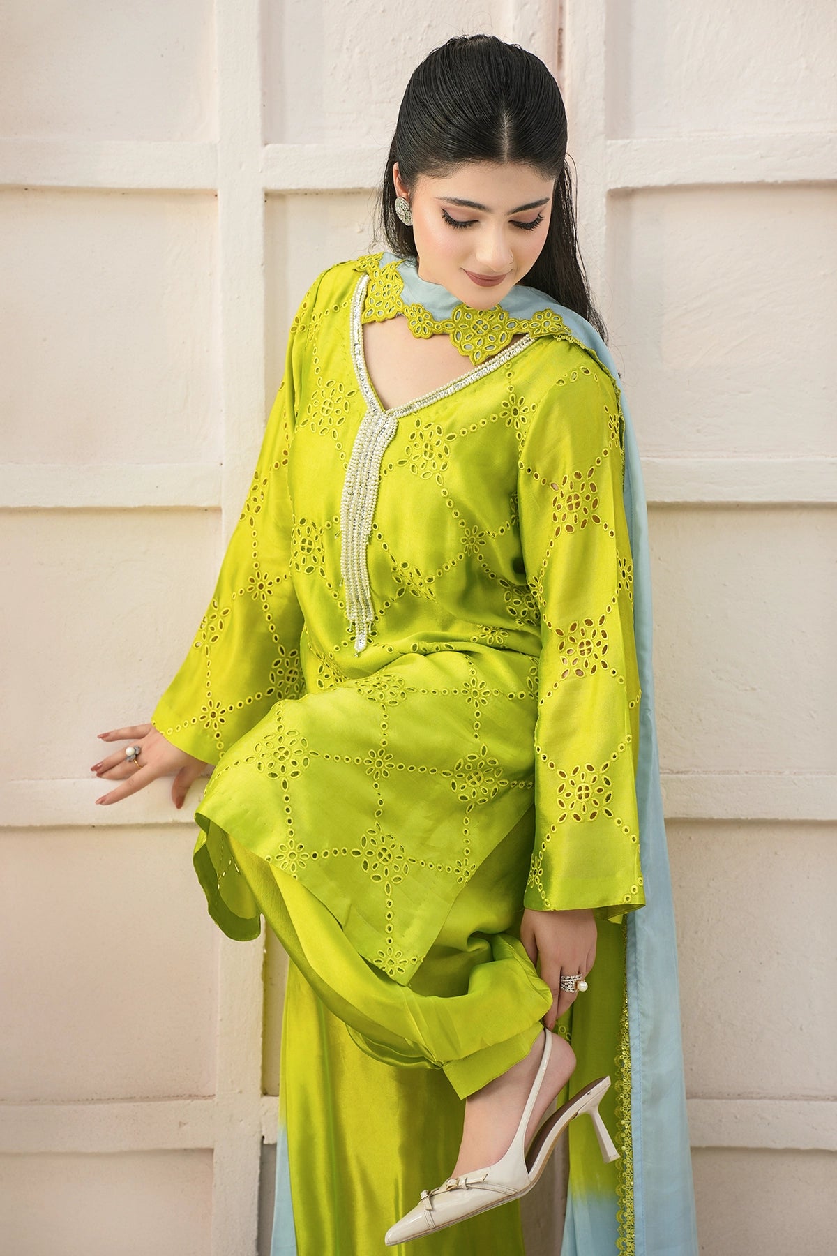 Sylvie Lime Green Sheesha Silk Festive Suit with Balloon Pants and Silk Choker Dupatta by MariamRaj
