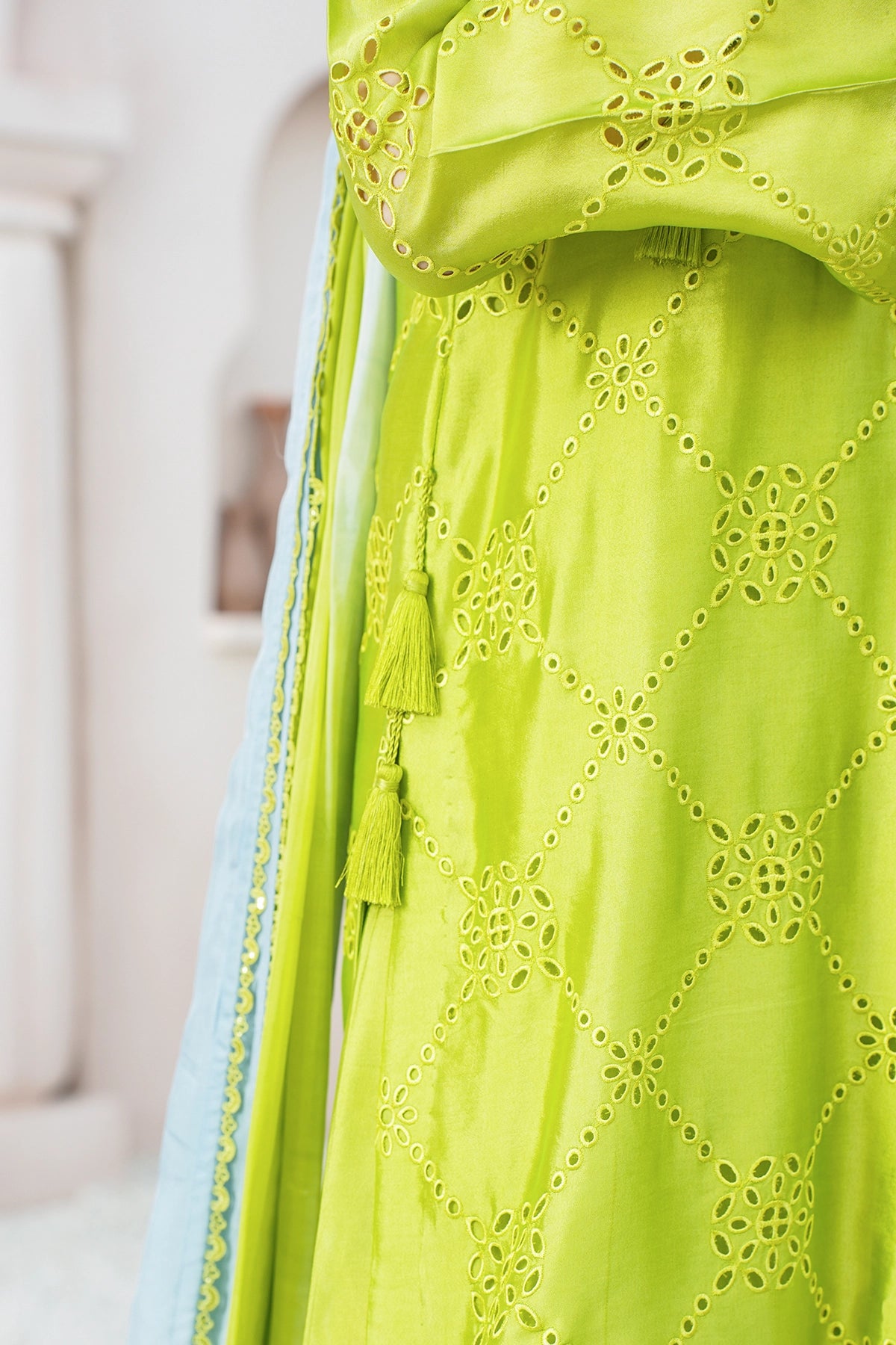 Sylvie Lime Green Sheesha Silk Festive Suit with Balloon Pants and Silk Choker Dupatta by MariamRaj