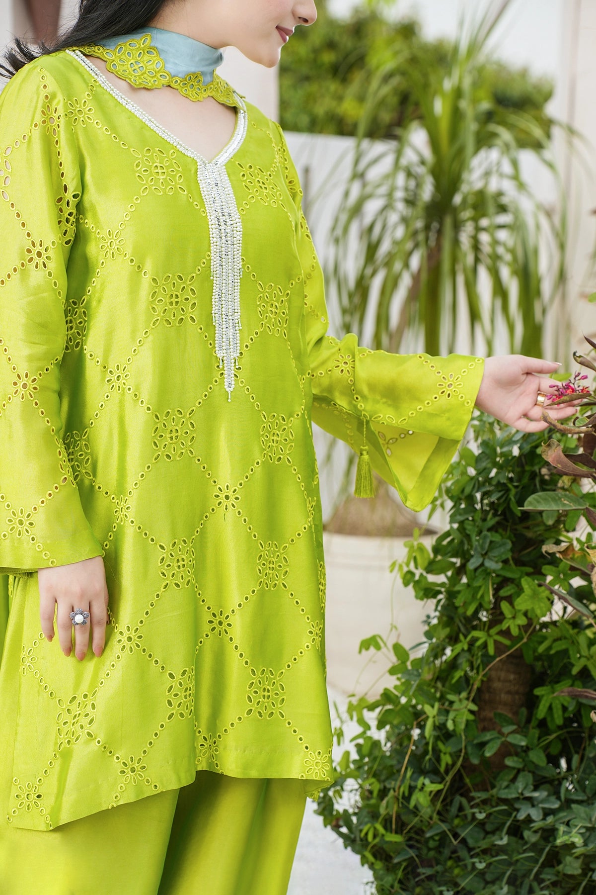 Sylvie Lime Green Sheesha Silk Festive Suit with Balloon Pants and Silk Choker Dupatta by MariamRaj