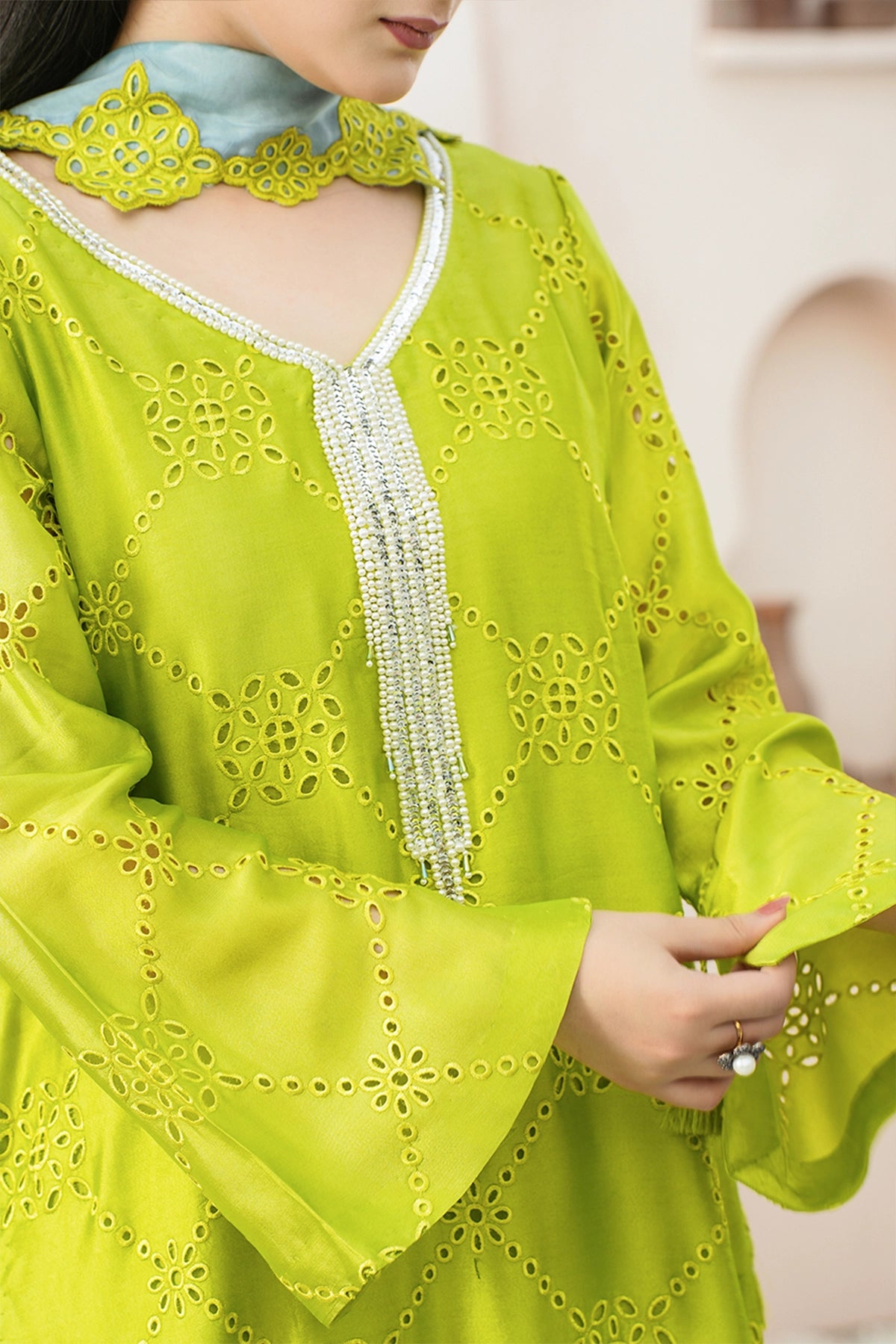 Sylvie Lime Green Sheesha Silk Festive Suit with Balloon Pants and Silk Choker Dupatta by MariamRaj
