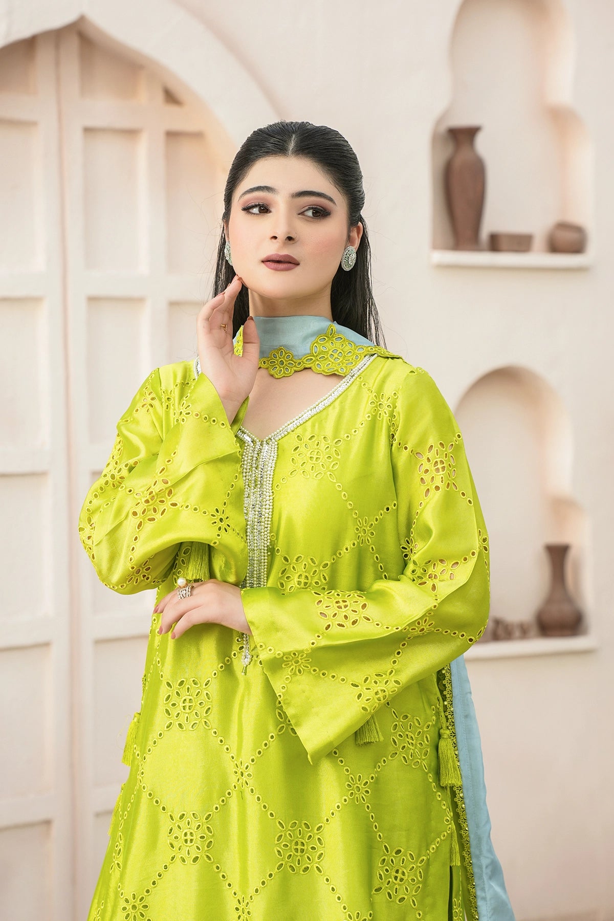 Sylvie Lime Green Sheesha Silk Festive Suit with Balloon Pants and Silk Choker Dupatta by MariamRaj