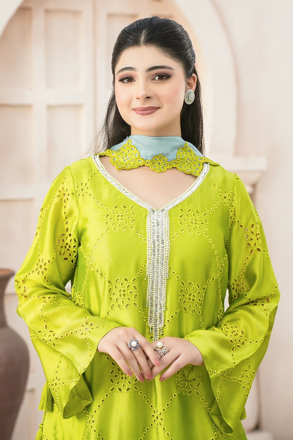 Sylvie Lime Green Sheesha Silk Festive Suit with Balloon Pants and Silk Choker Dupatta by MariamRaj