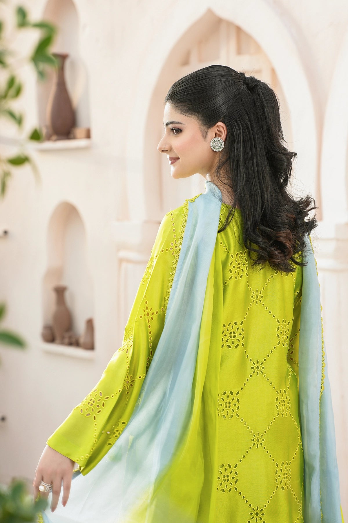 Sylvie Lime Green Sheesha Silk Festive Suit with Balloon Pants and Silk Choker Dupatta by MariamRaj