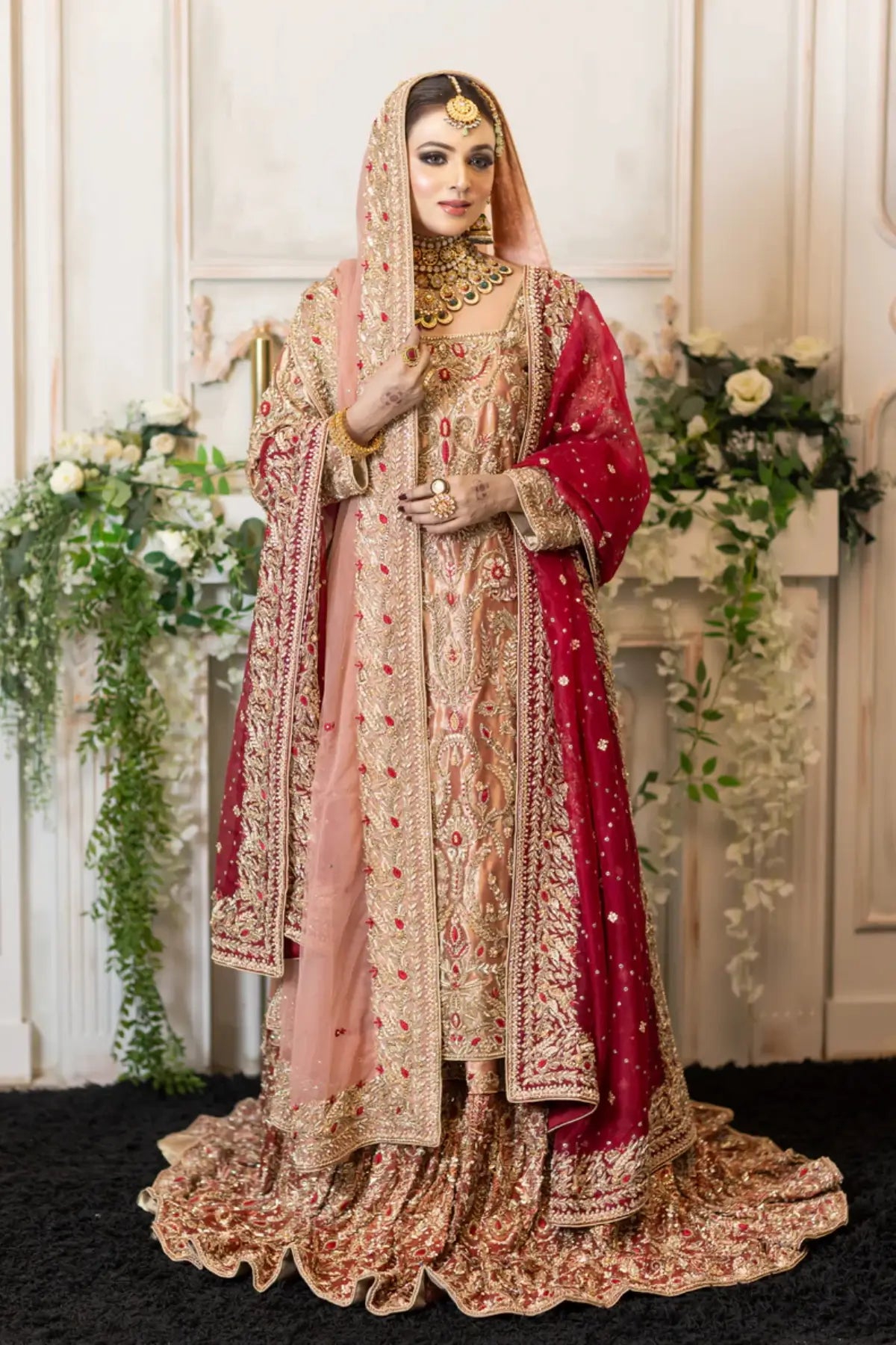 Tabinda – Peach Tissue Bridal Outfit with Dual Dupattas for Baraat Day
