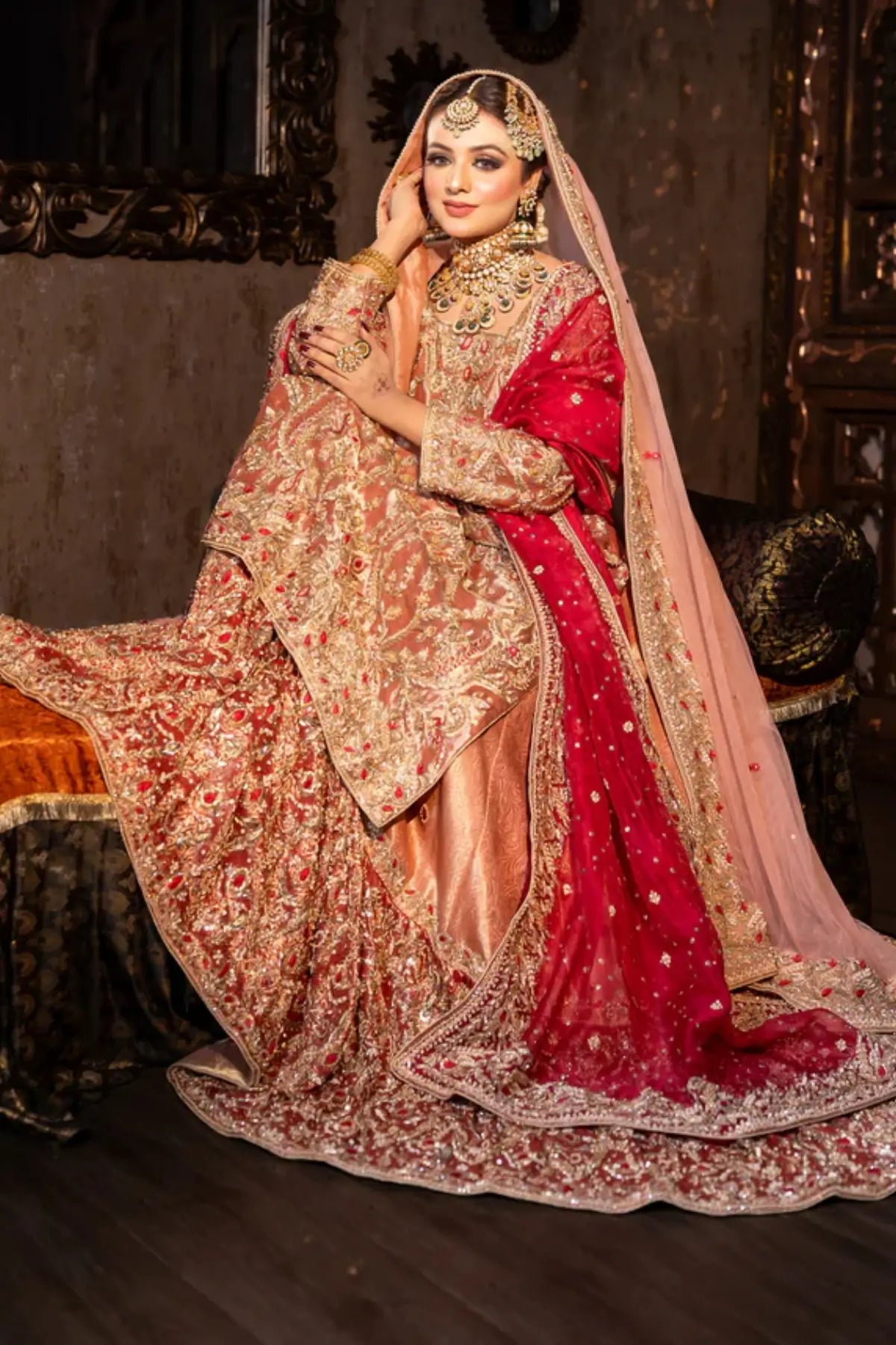 Tabinda – Peach Tissue Bridal Outfit with Dual Dupattas for Baraat Day