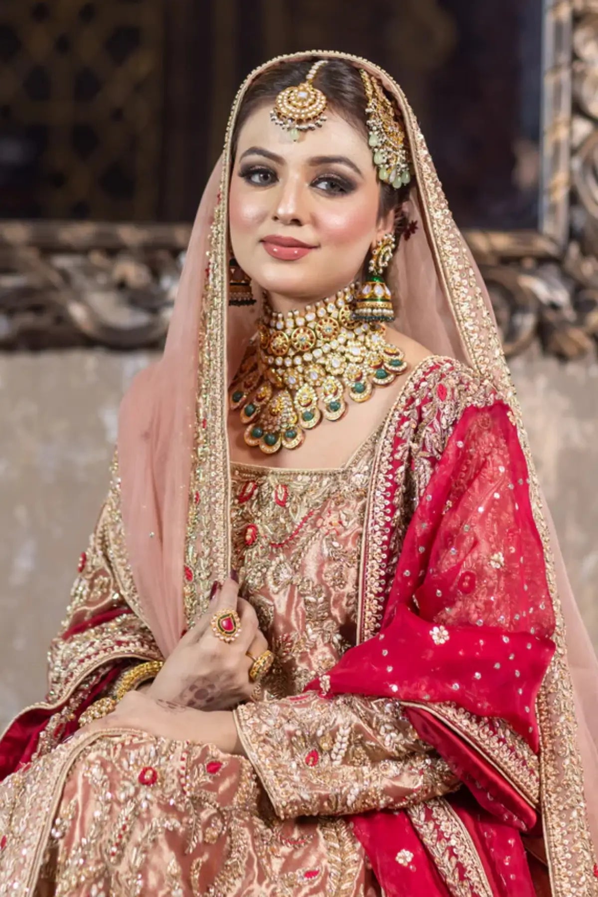 Tabinda – Peach Tissue Bridal Outfit with Dual Dupattas for Baraat Day