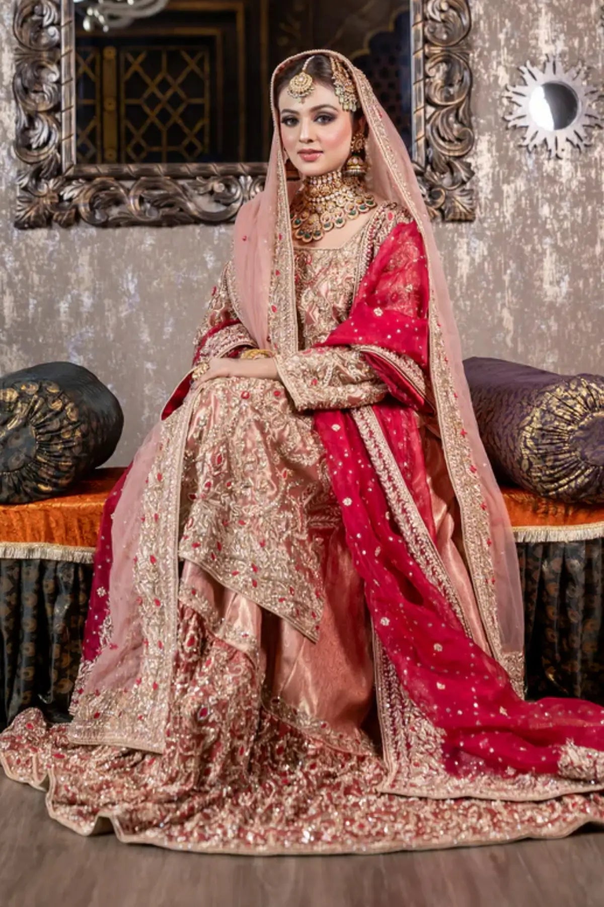 Tabinda – Peach Tissue Bridal Outfit with Dual Dupattas for Baraat Day