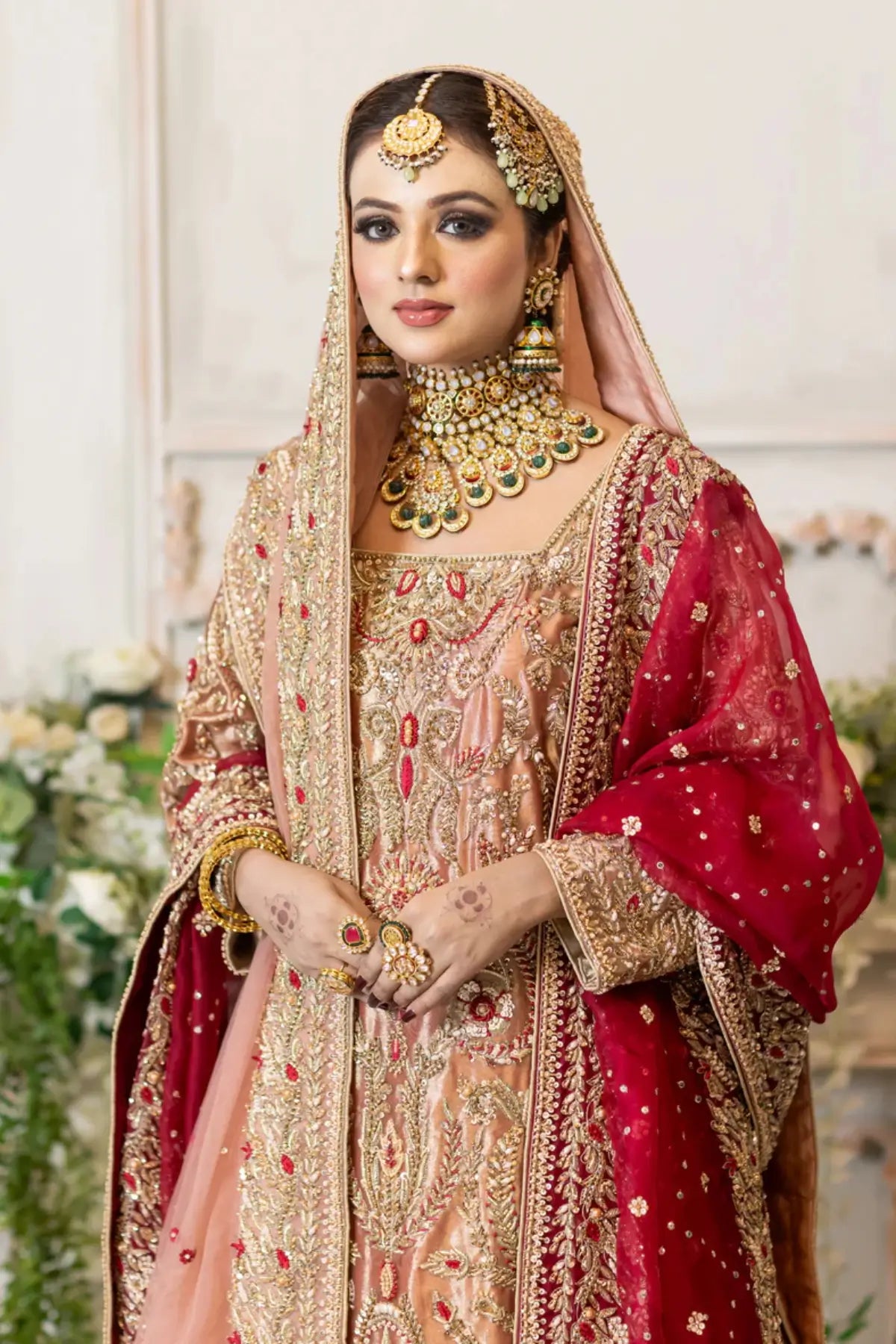 Tabinda – Peach Tissue Bridal Outfit with Dual Dupattas for Baraat Day