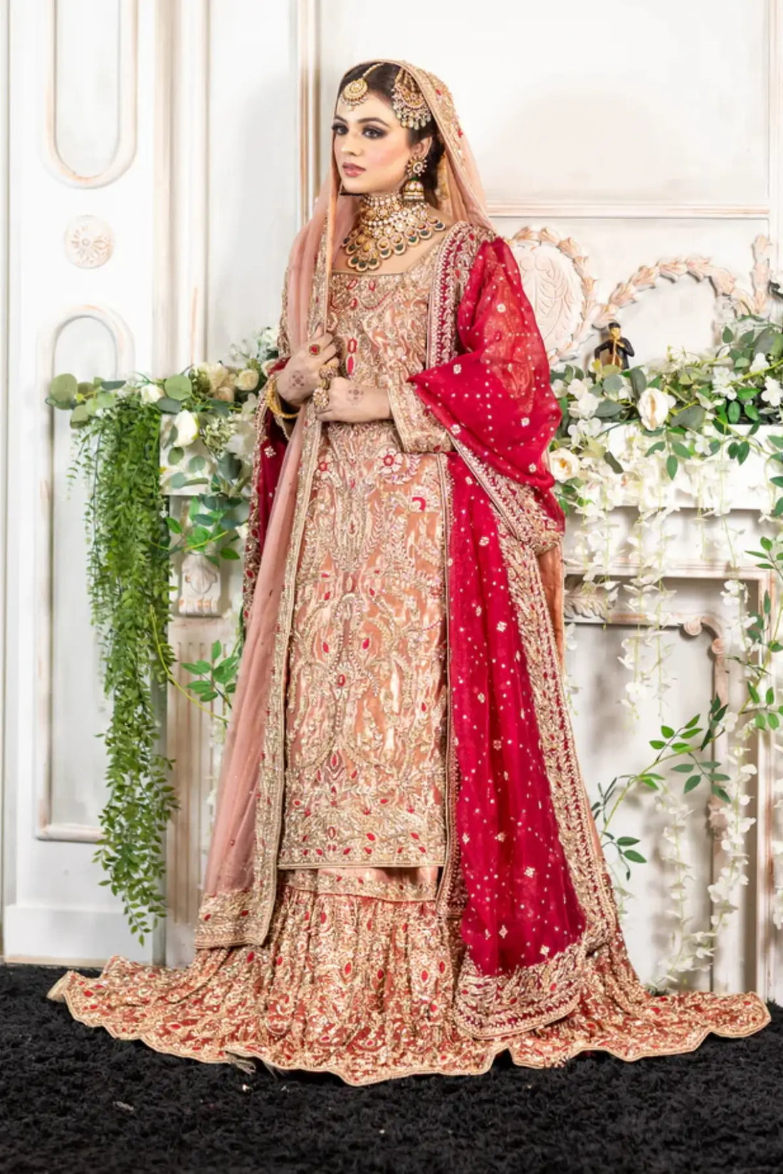 Tabinda – Peach Tissue Bridal Outfit with Dual Dupattas for Baraat Day