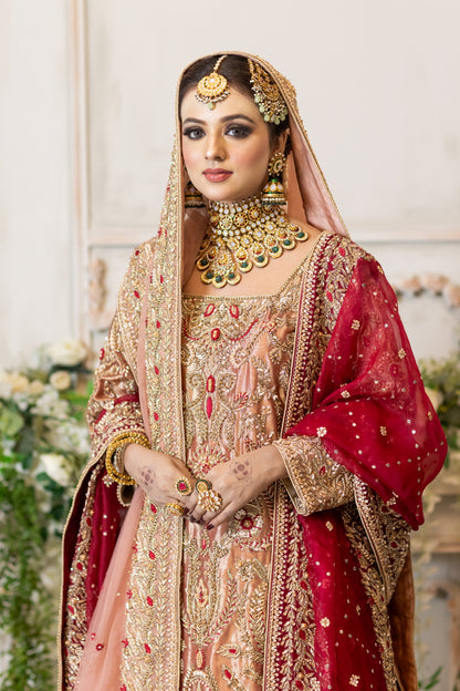 Tabinda peach tissue bridal lehenga with dual dupattas – Baraat Day bridal outfit by MariamRaj.com.