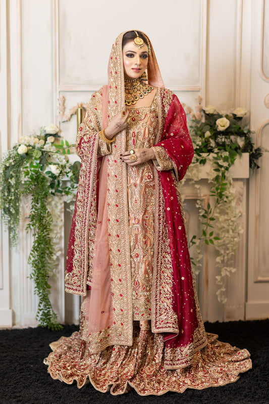 Tabinda peach tissue bridal lehenga with dual dupattas – Baraat Day bridal outfit by MariamRaj.com.