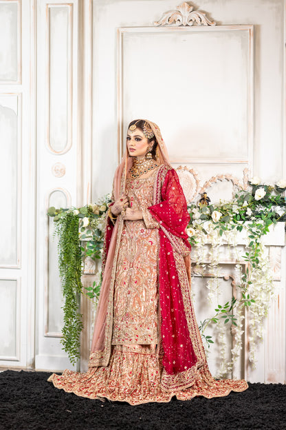Tabinda peach tissue bridal lehenga with dual dupattas – Baraat Day bridal outfit by MariamRaj.com.