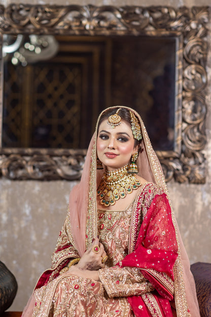 Tabinda peach tissue bridal lehenga with dual dupattas – Baraat Day bridal outfit by MariamRaj.com.