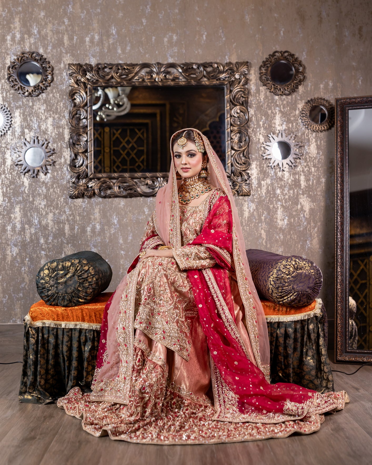 Tabinda peach tissue bridal lehenga with dual dupattas – Baraat Day bridal outfit by MariamRaj.com.
