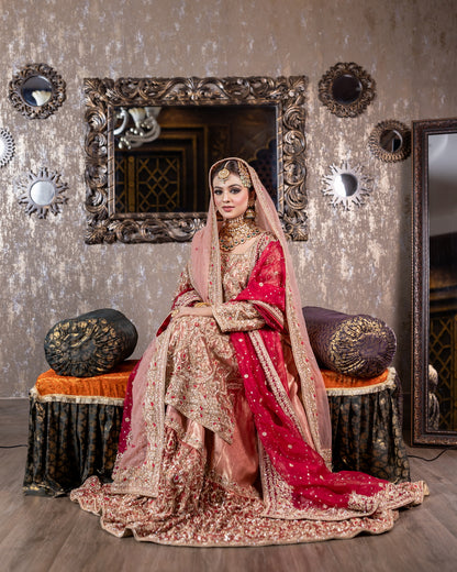Tabinda peach tissue bridal lehenga with dual dupattas – Baraat Day bridal outfit by MariamRaj.com.