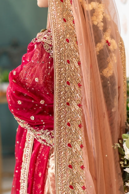 Tabinda peach tissue bridal lehenga with dual dupattas – Baraat Day bridal outfit by MariamRaj.com.