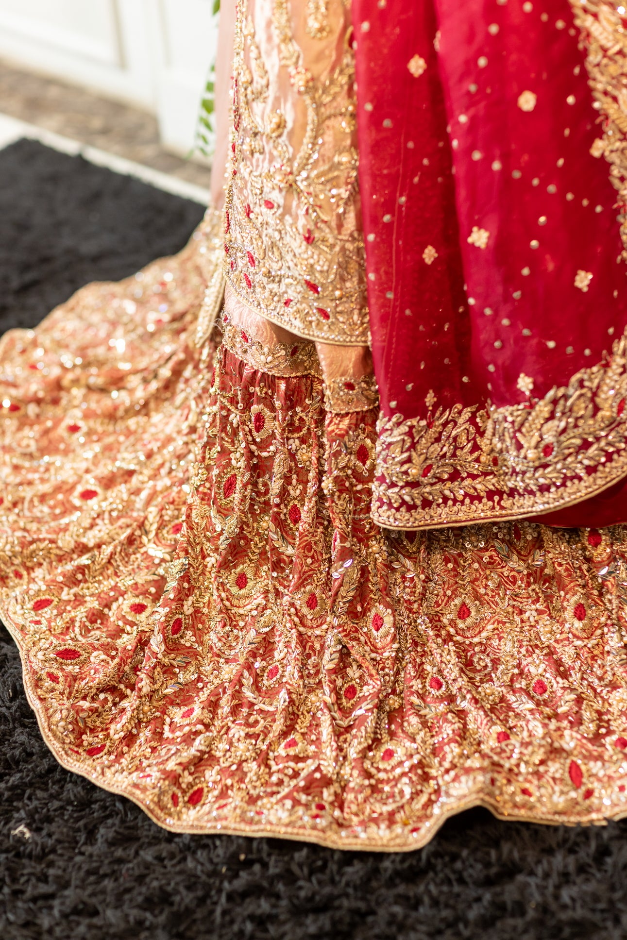 Tabinda peach tissue bridal lehenga with dual dupattas – Baraat Day bridal outfit by MariamRaj.com.