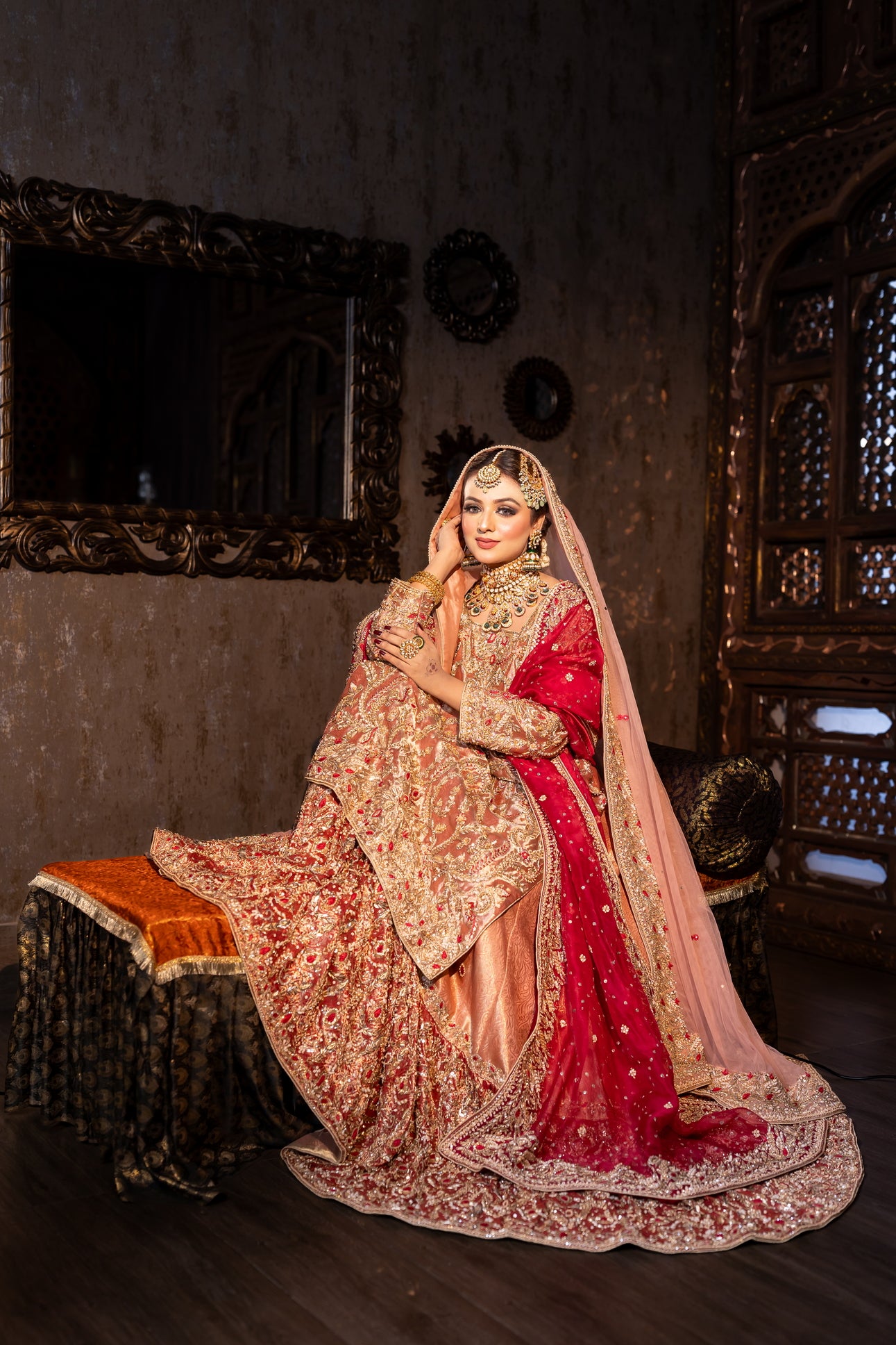 Tabinda peach tissue bridal lehenga with dual dupattas – Baraat Day bridal outfit by MariamRaj.com.