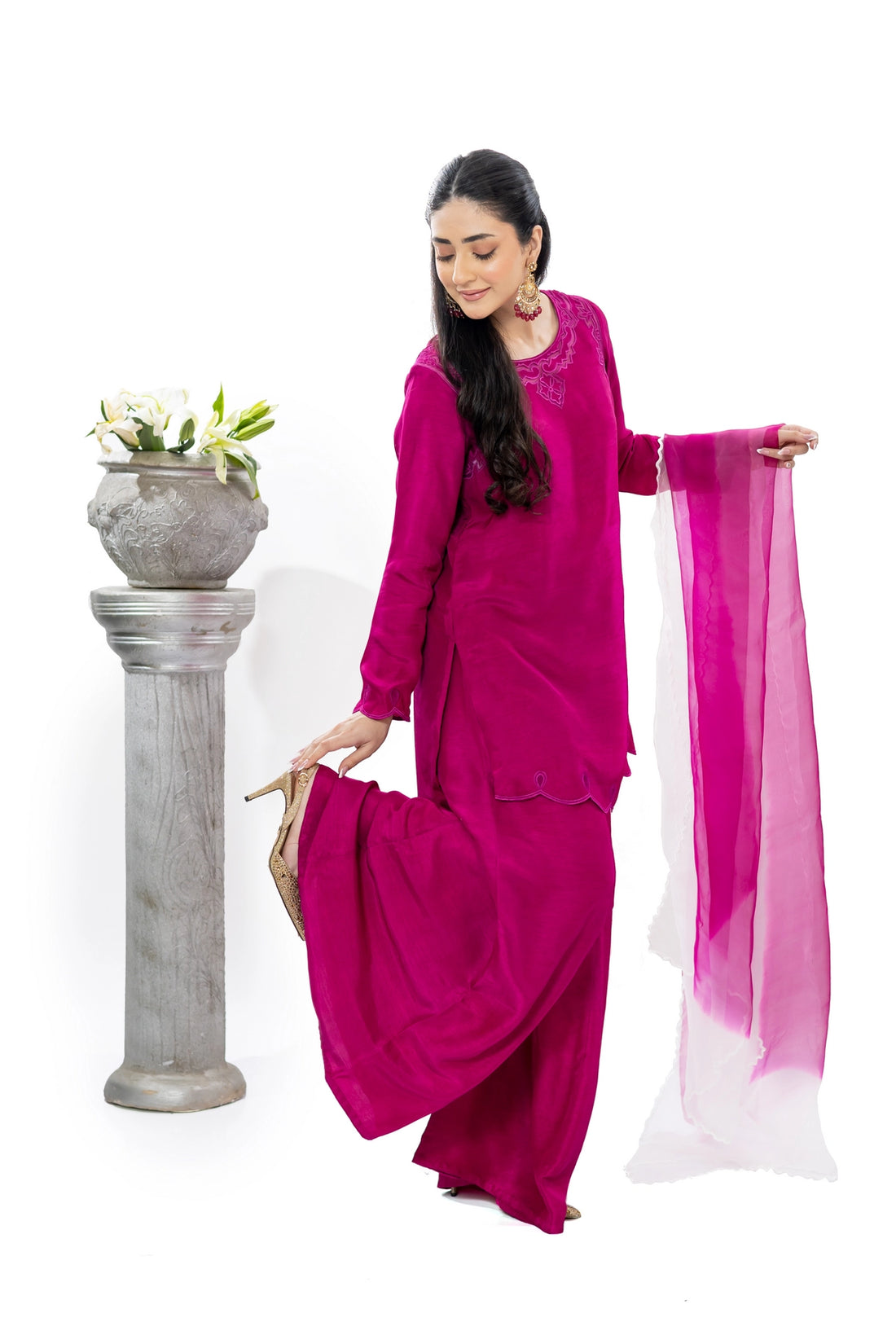 Tamanna magenta Korean silk stitched 3PC suit with palazzo and organza dupatta by MariamRaj