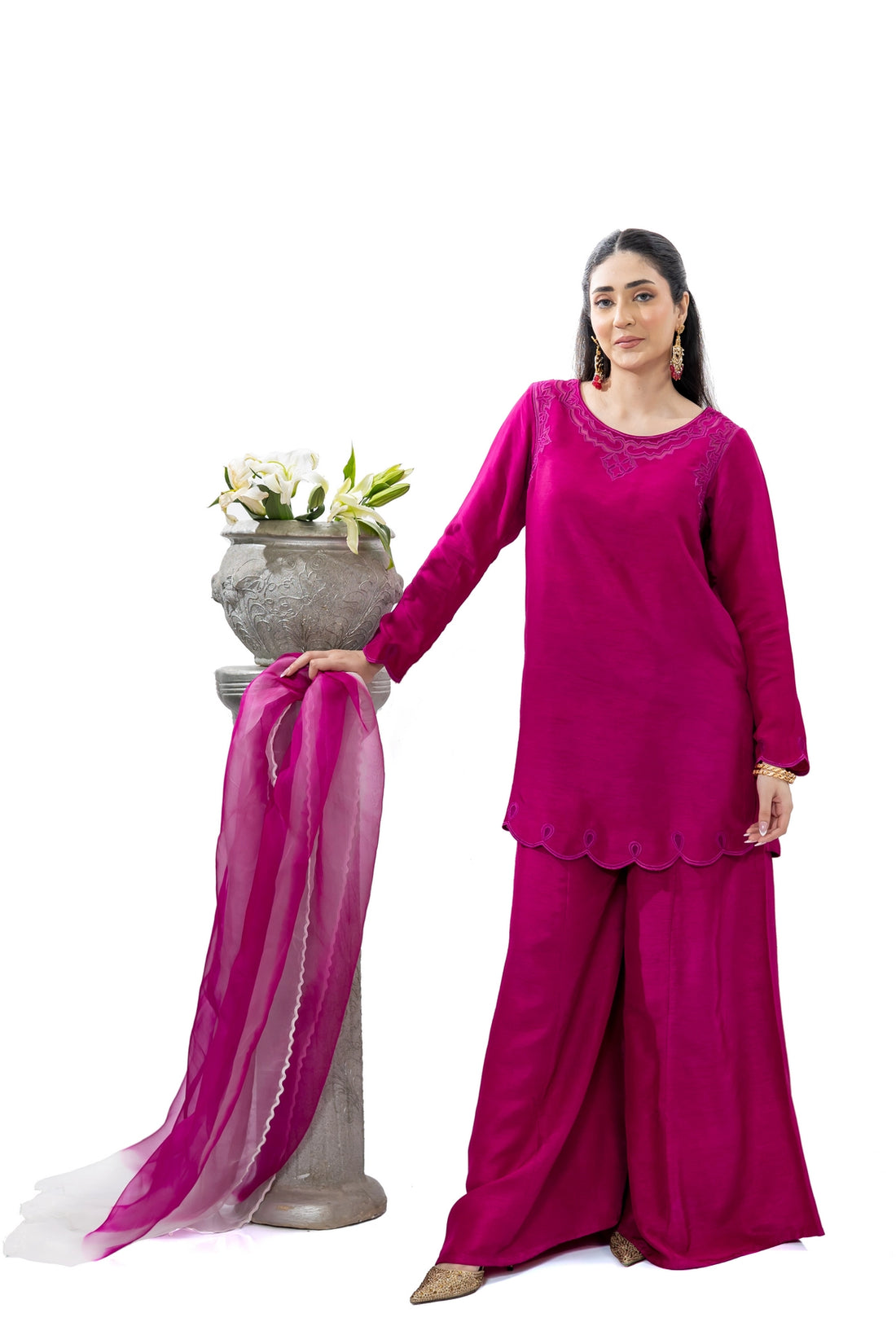 Tamanna magenta Korean silk stitched 3PC suit with palazzo and organza dupatta by MariamRaj