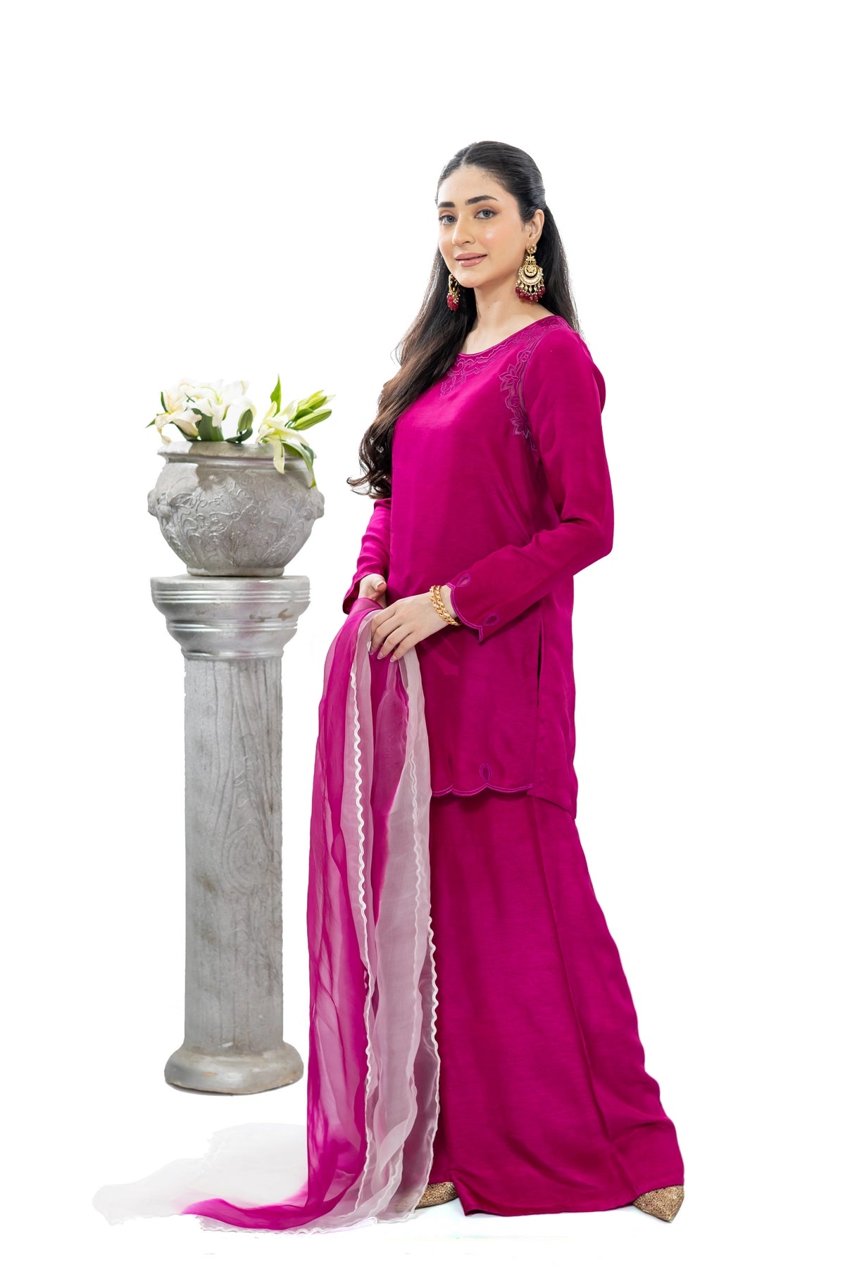 Tamanna magenta Korean silk stitched 3PC suit with palazzo and organza dupatta by MariamRaj