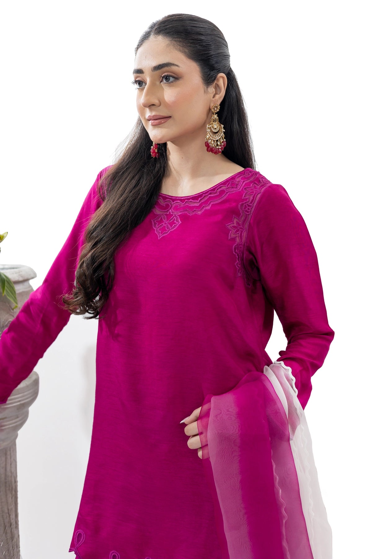Tamanna magenta Korean silk stitched 3PC suit with palazzo and organza dupatta by MariamRaj