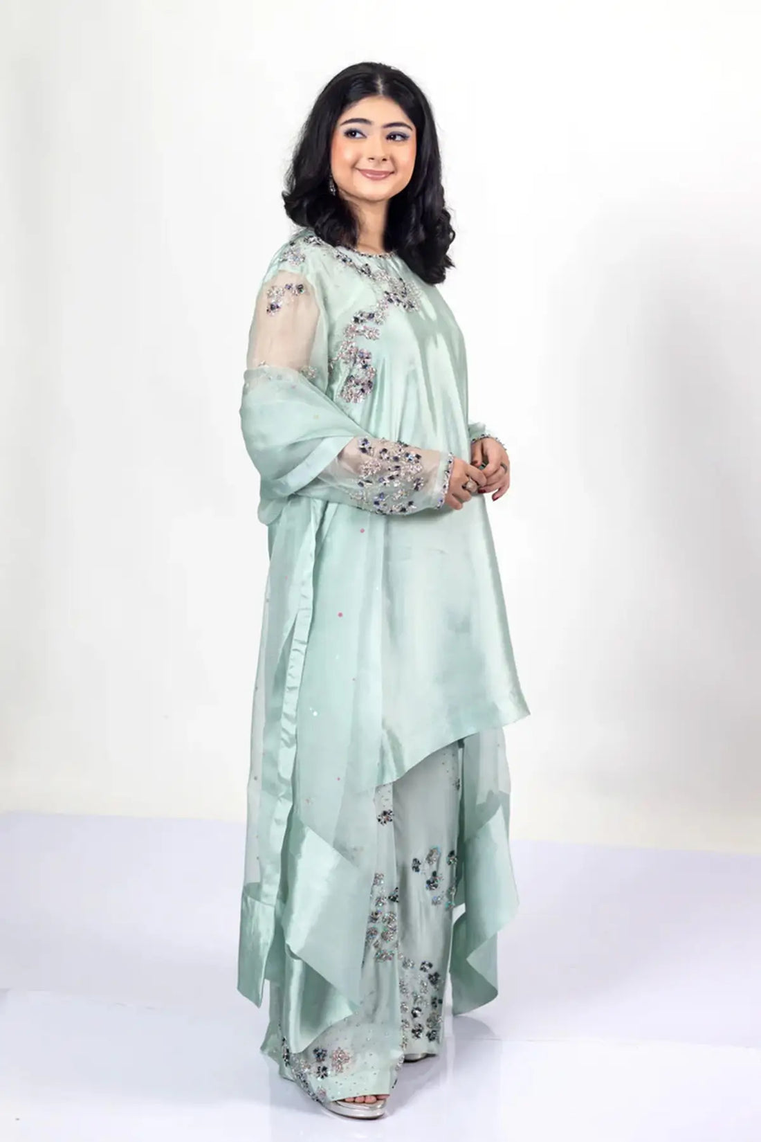 Tanishq – Luxury Silk Dress with Sheesha Detailing for Evening Events