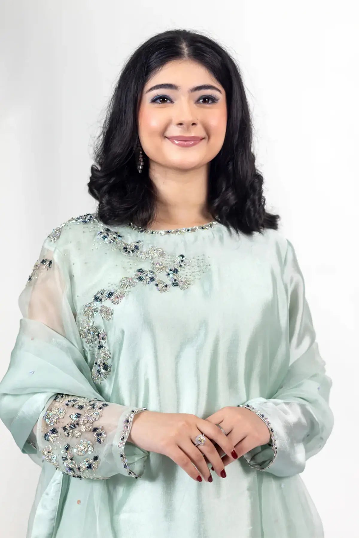 Tanishq – Luxury Silk Dress with Sheesha Detailing for Evening Events