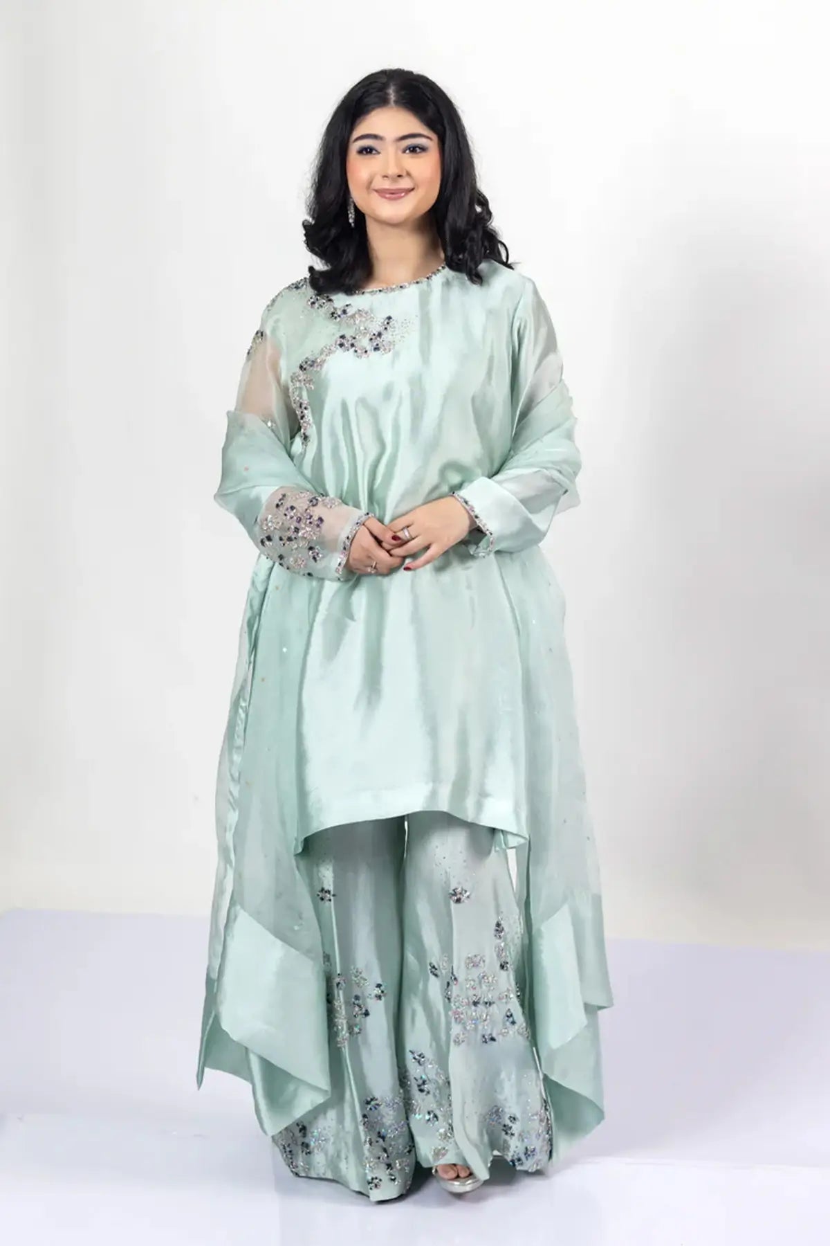 Tanishq – Luxury Silk Dress with Sheesha Detailing for Evening Events